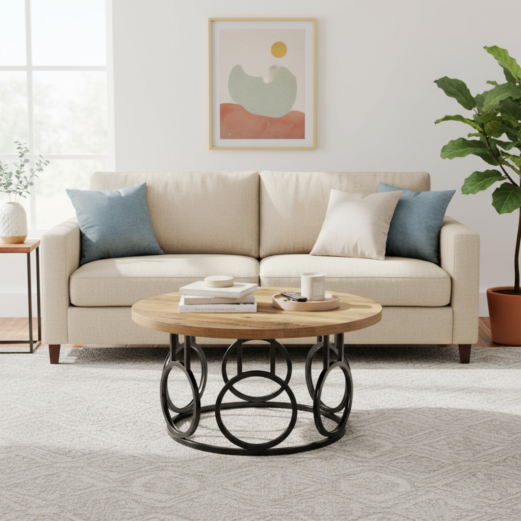31.5" Round Coffee Table, Rustic Wood Grain and Metal Base with Industrial Design
