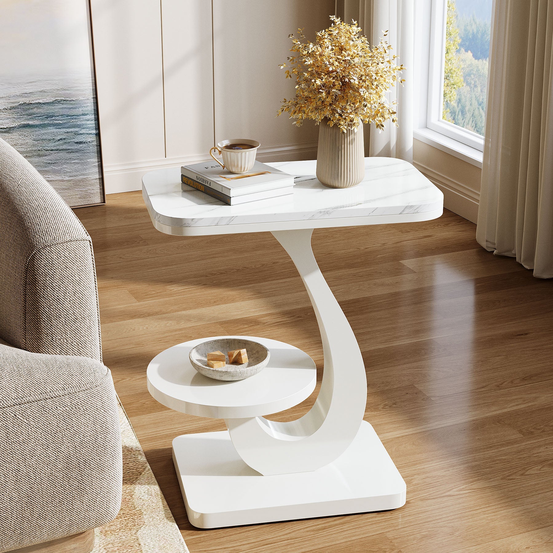 23.62" C-Shaped End Table with Faux Marble Top, Modern 2-Tier Side Table for Sofa and Bed