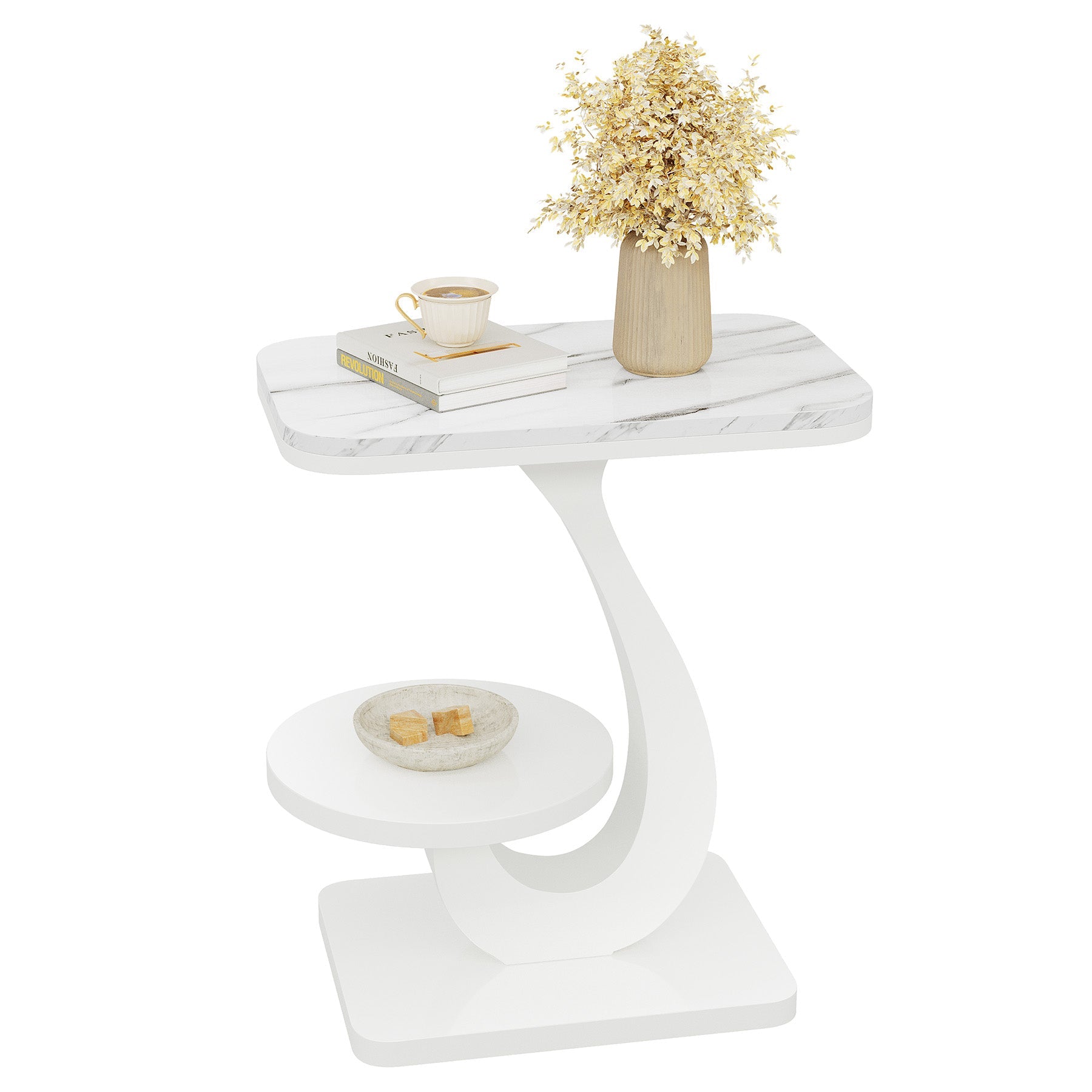 23.62" C-Shaped End Table with Faux Marble Top, Modern 2-Tier Side Table for Sofa and Bed