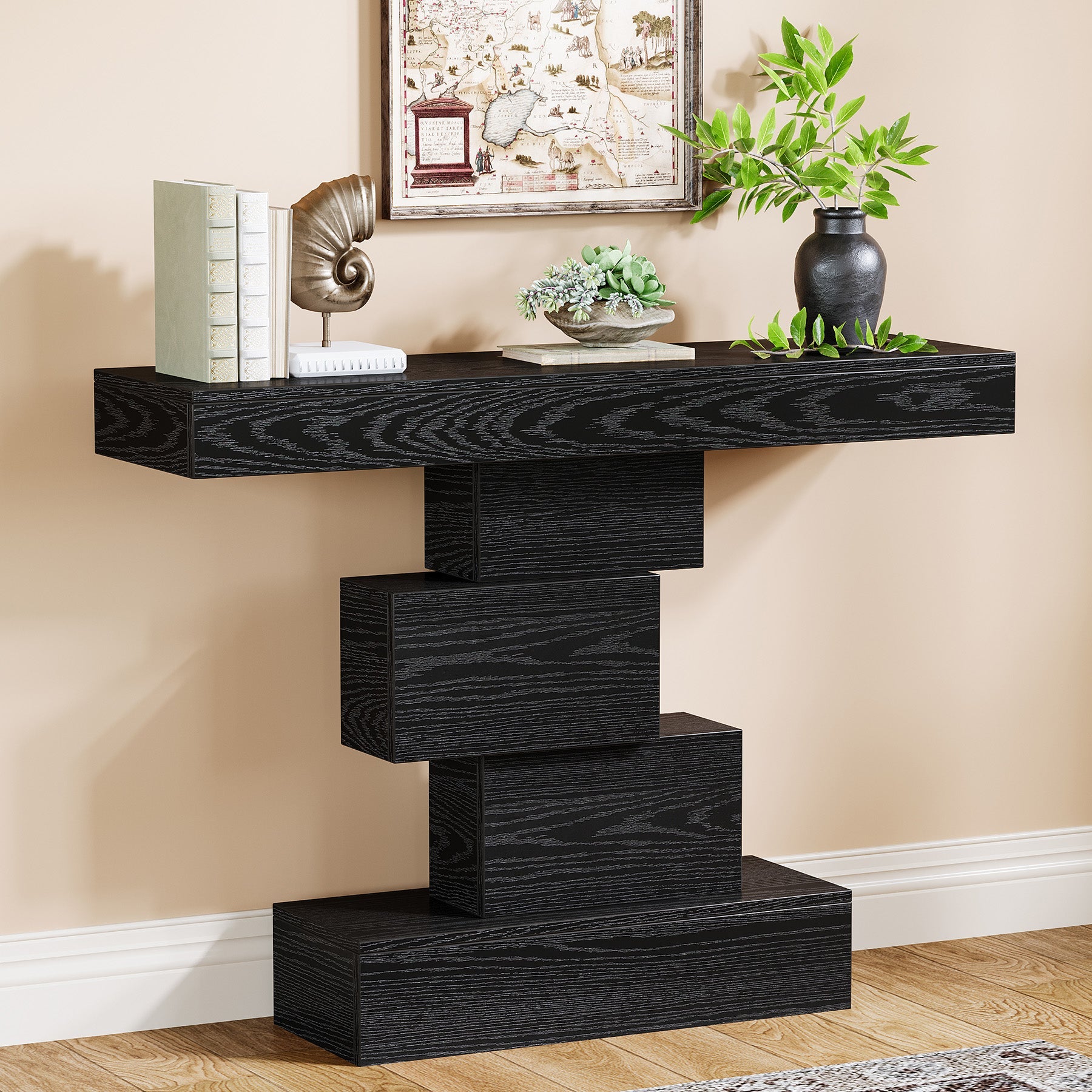 42" Console Table, Wood Sofa Table Accent Table with Geometric Base