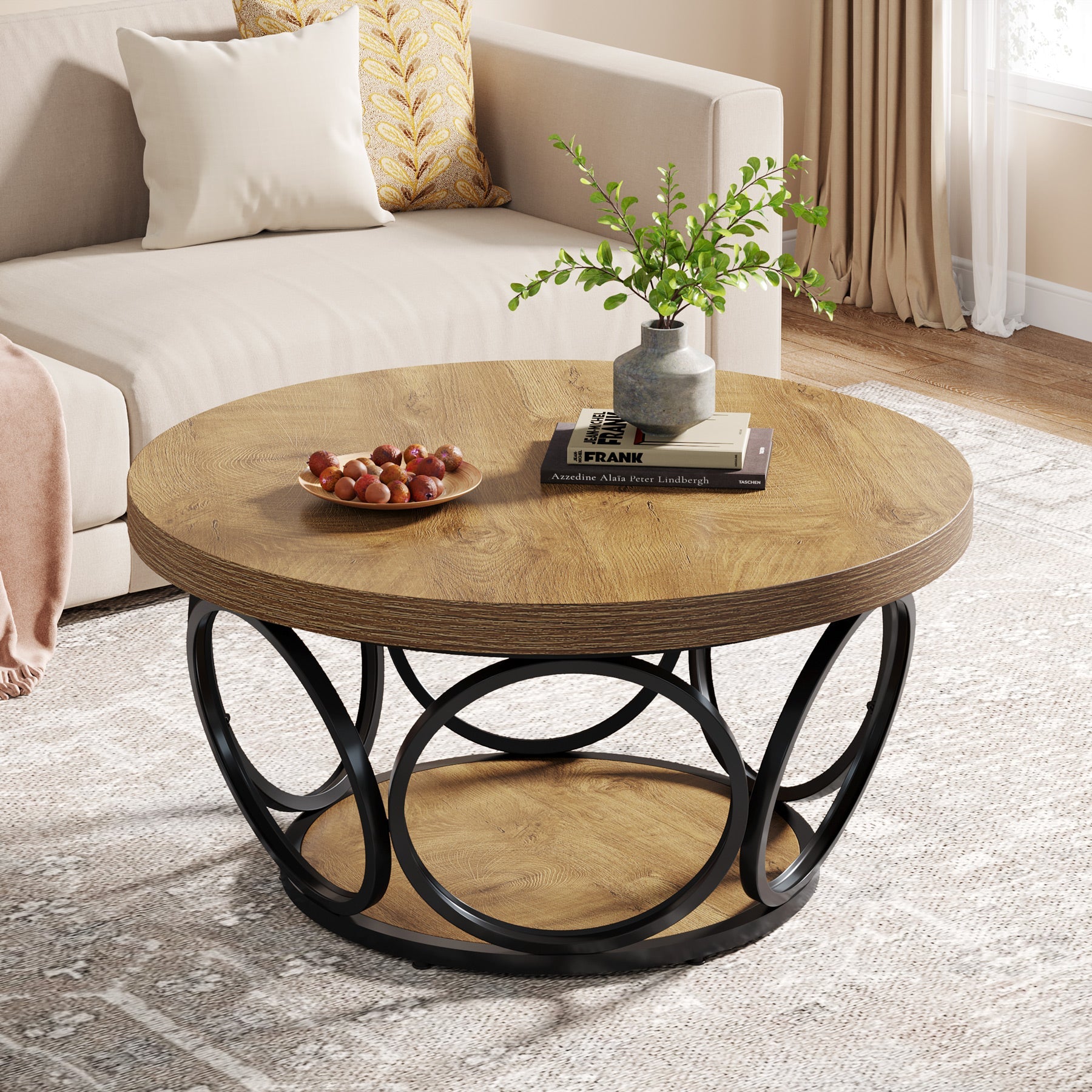 Farmhouse Coffee Table, Round Center Table with 2 Storage Shelves