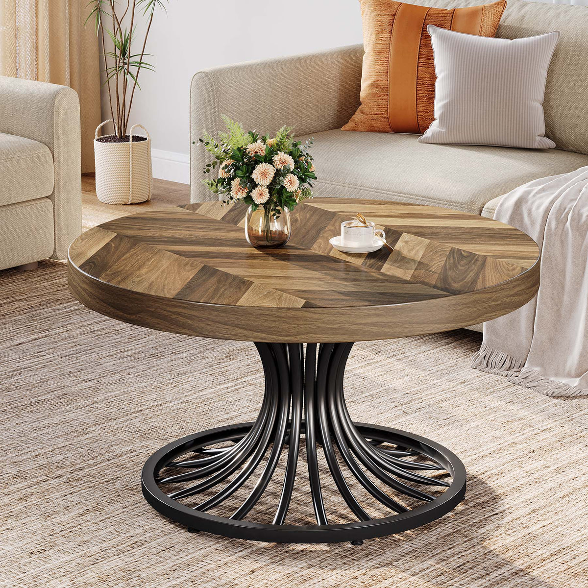 79cm Round Coffee Table, Rustic Wood Top with Metal Base for Living Room