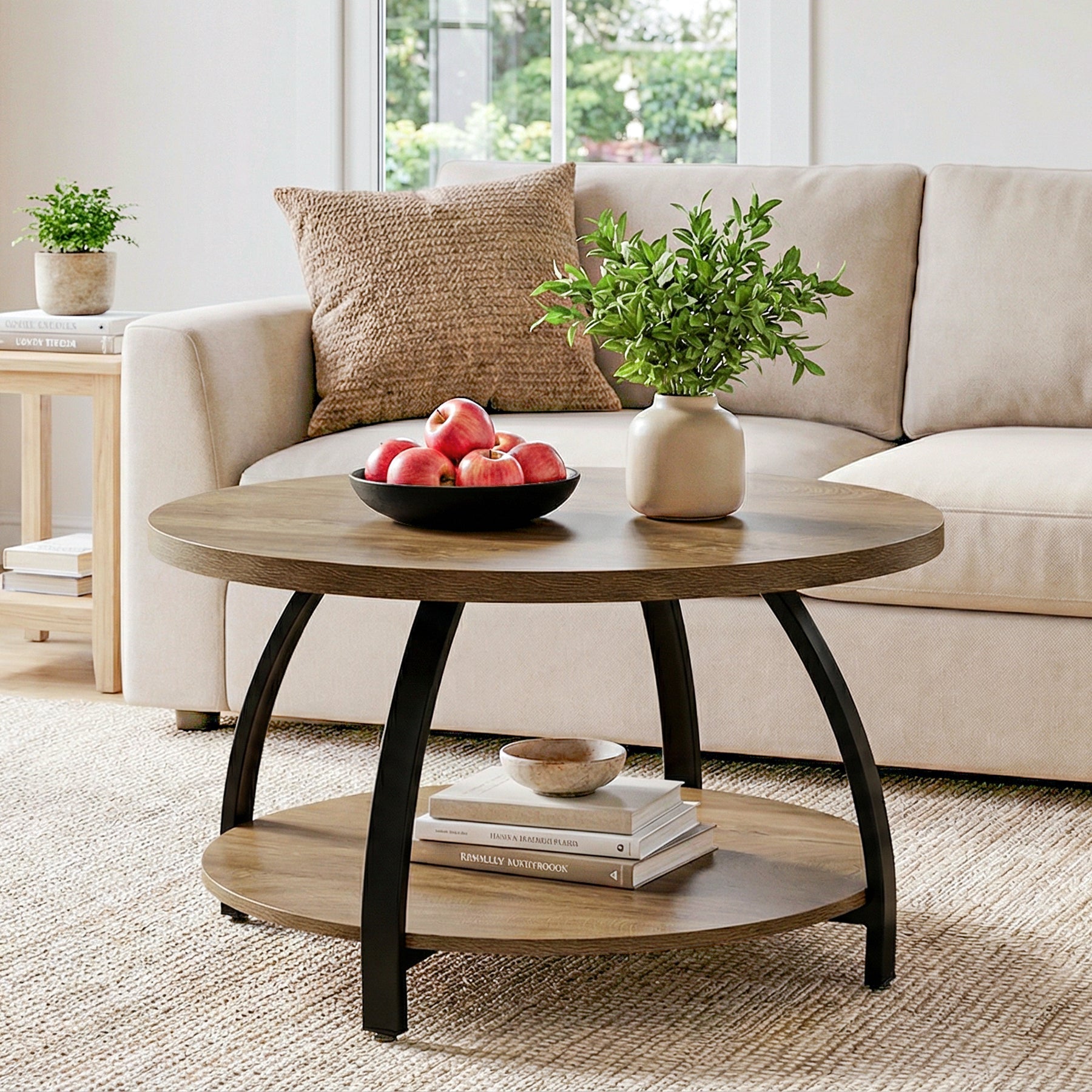 80cm Round Coffee Table, Center Cocktail Table with 2-Tier Storage Shelves
