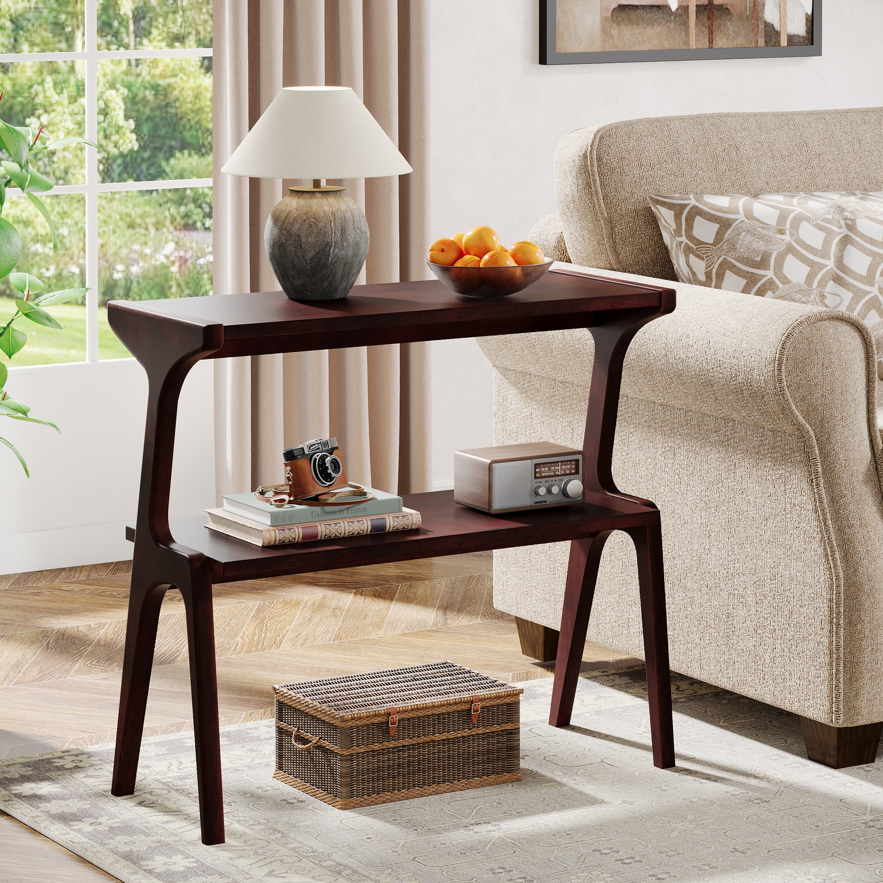 27.5" 2-Tier End Table, Slim Sofa Side Table with Storage Shelf
