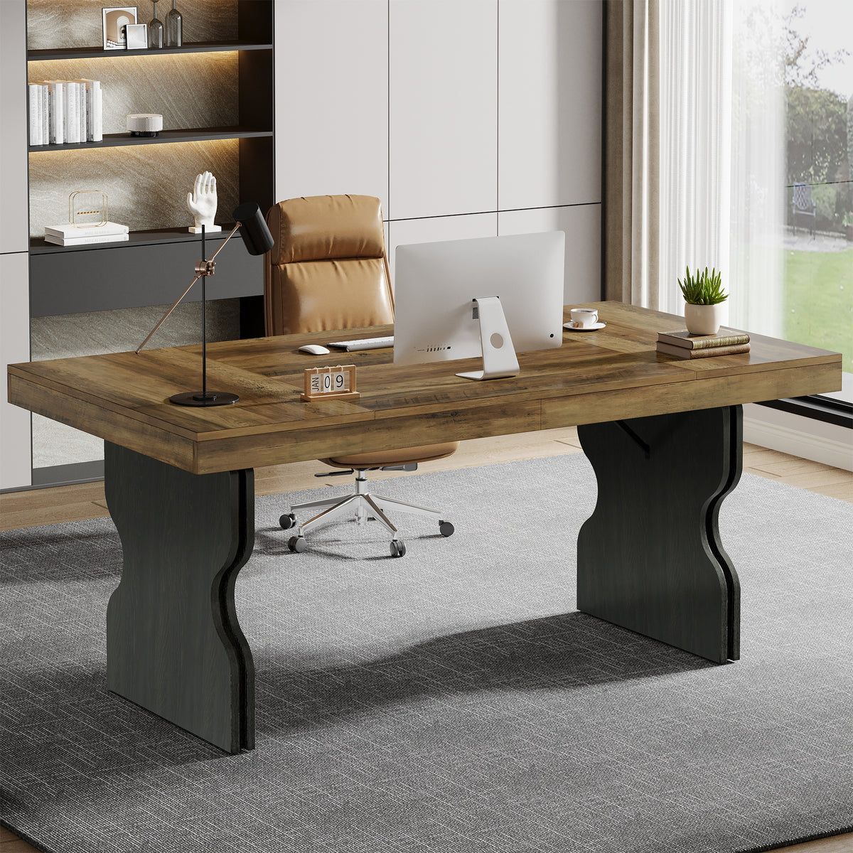 160cm Executive Desk, Farmhouse Wooden Home Office Desk with Hourglass Legs