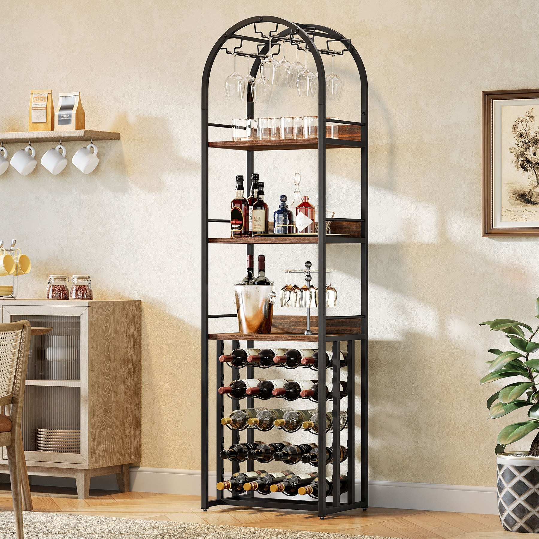 72.04" Tall Wine Rack with Glass Holder, Industrial Metal Wine Storage Stand with Tabletop