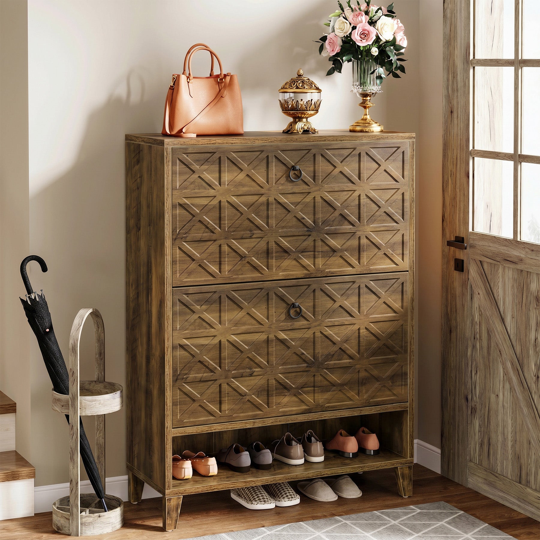 Wood Shoe Cabinet, Shoe Storage Organizer with 2 Flip Drawers