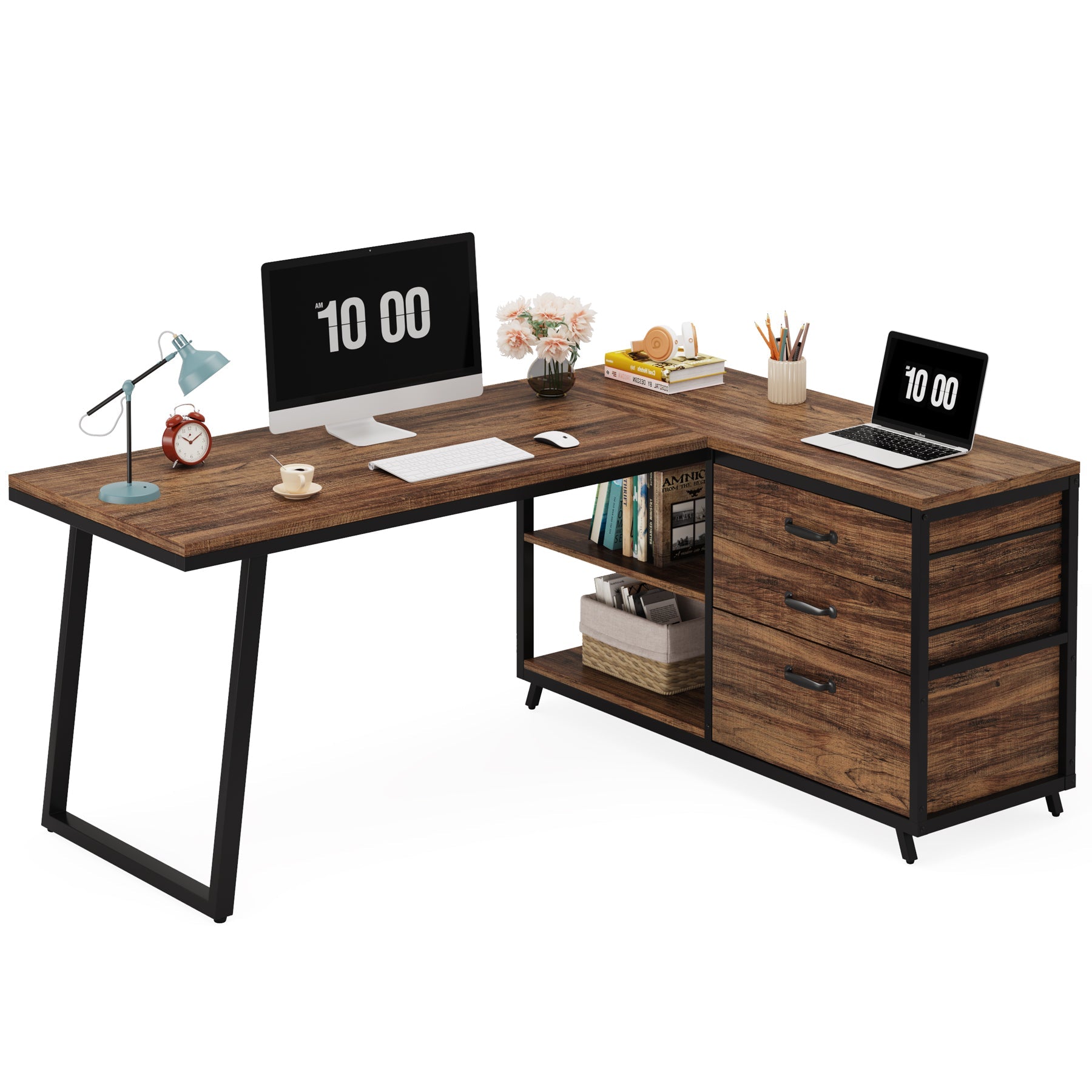 53" Reversible L-Shaped Computer Desk with 3 Drawers and Shelves