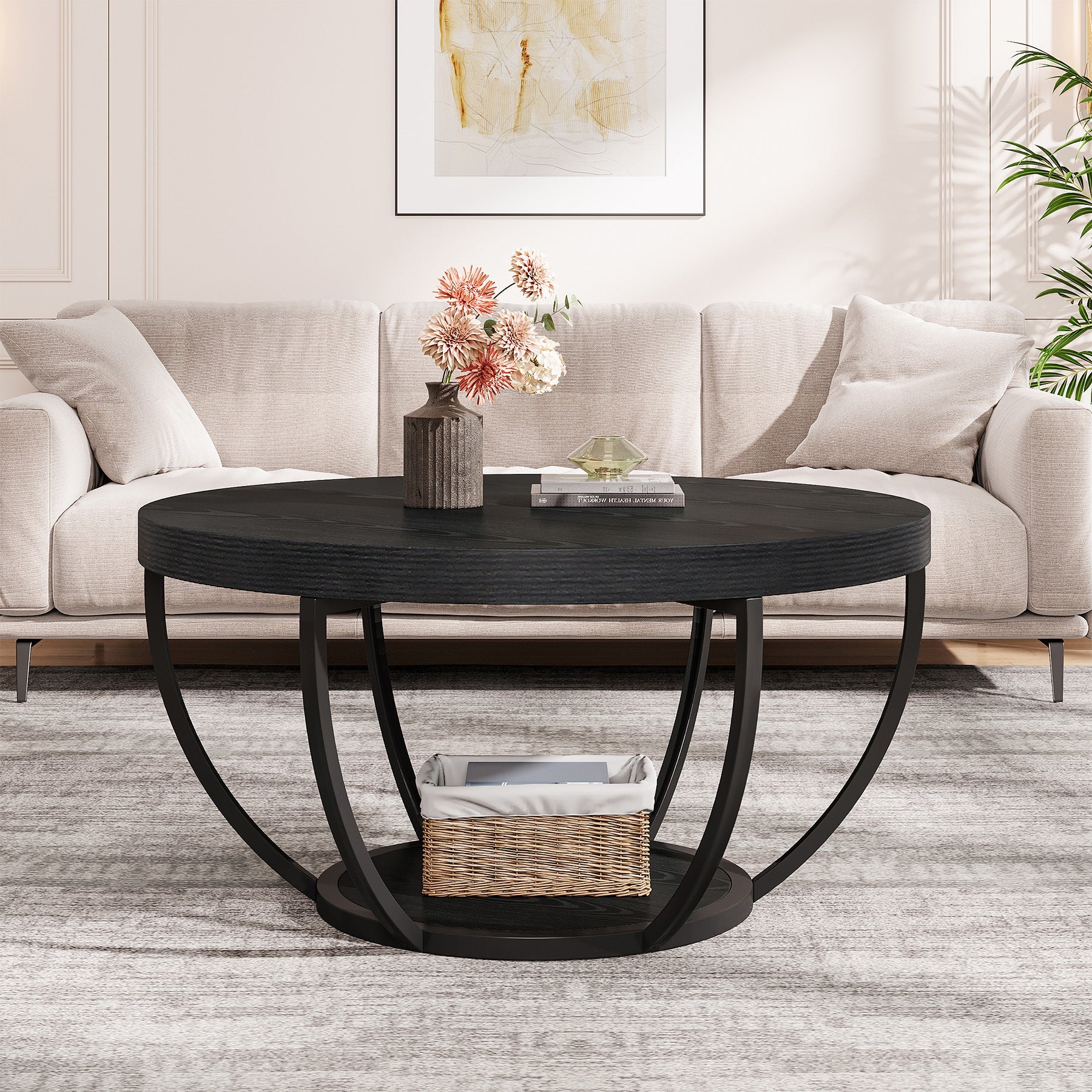 31.69" Round Wooden Coffee Table, 2-Tier Central Cocktail Table with Shelves