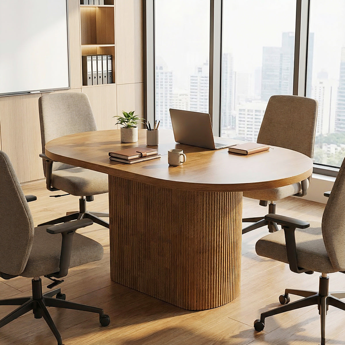 120cm Oval Dining Table, Rustic Wood Meeting Table for 4 with Polygonal Base