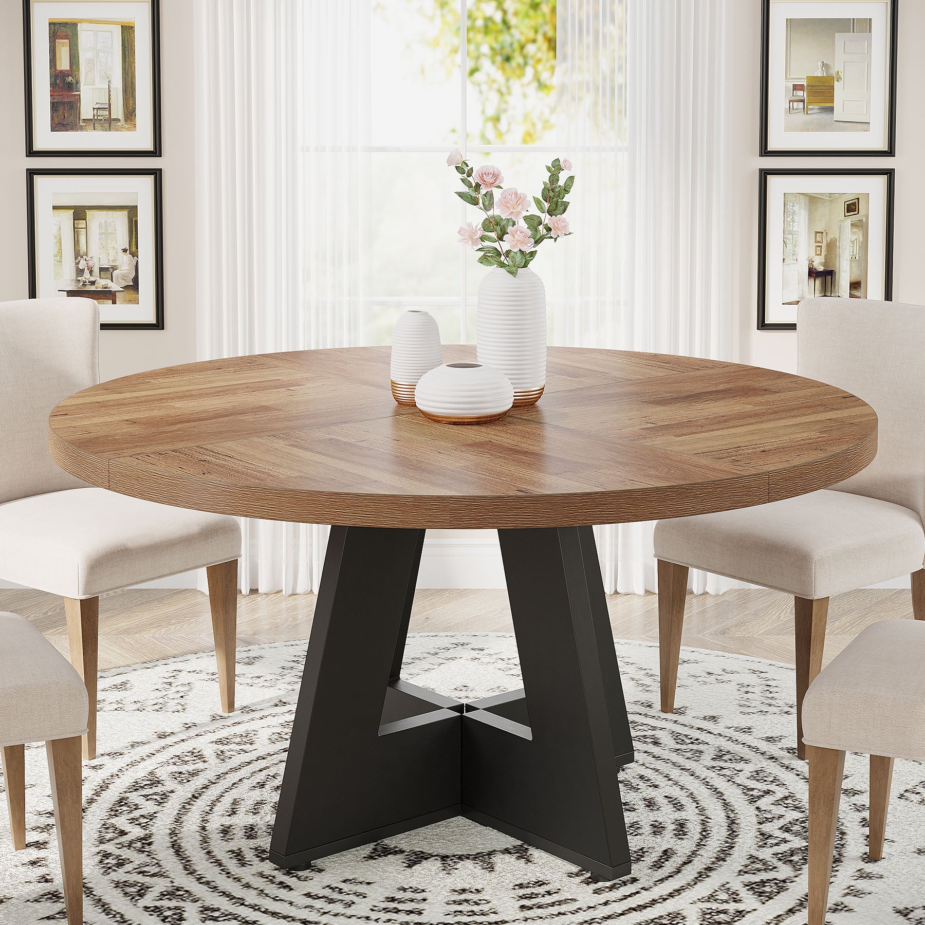 47" Round Dining Table, Farmhouse Wood Kitchen Table for 4-6 with Cross Base