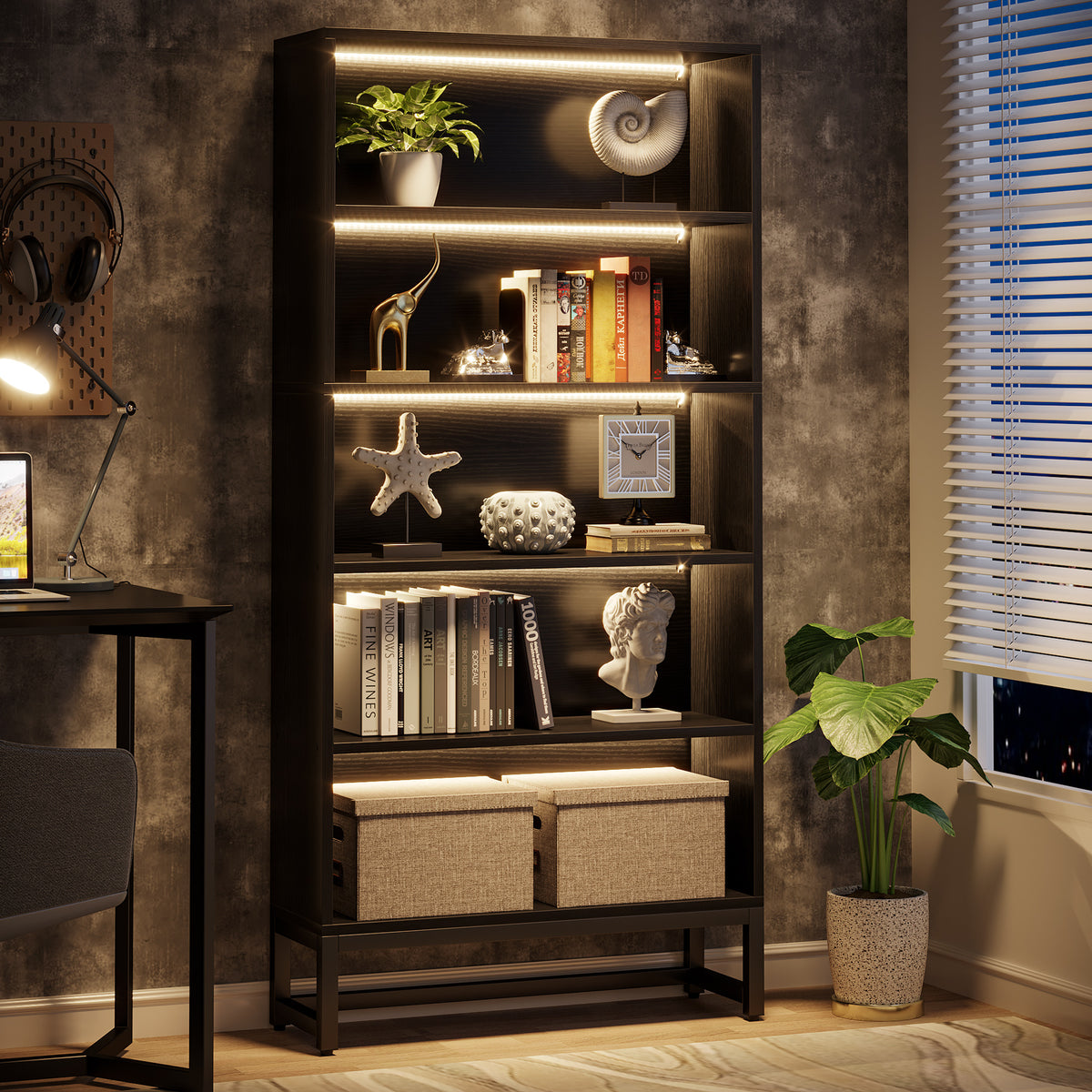 180cm LED Bookshelf, 5-Tier Black Storage Cabinet
