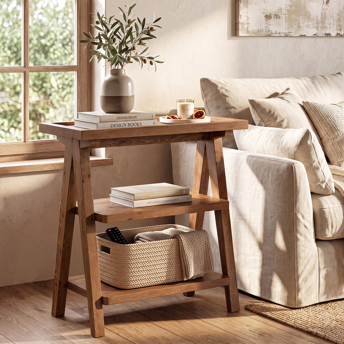 65cm Narrow Side Table, 3-Tier Solid Wood for Living Room