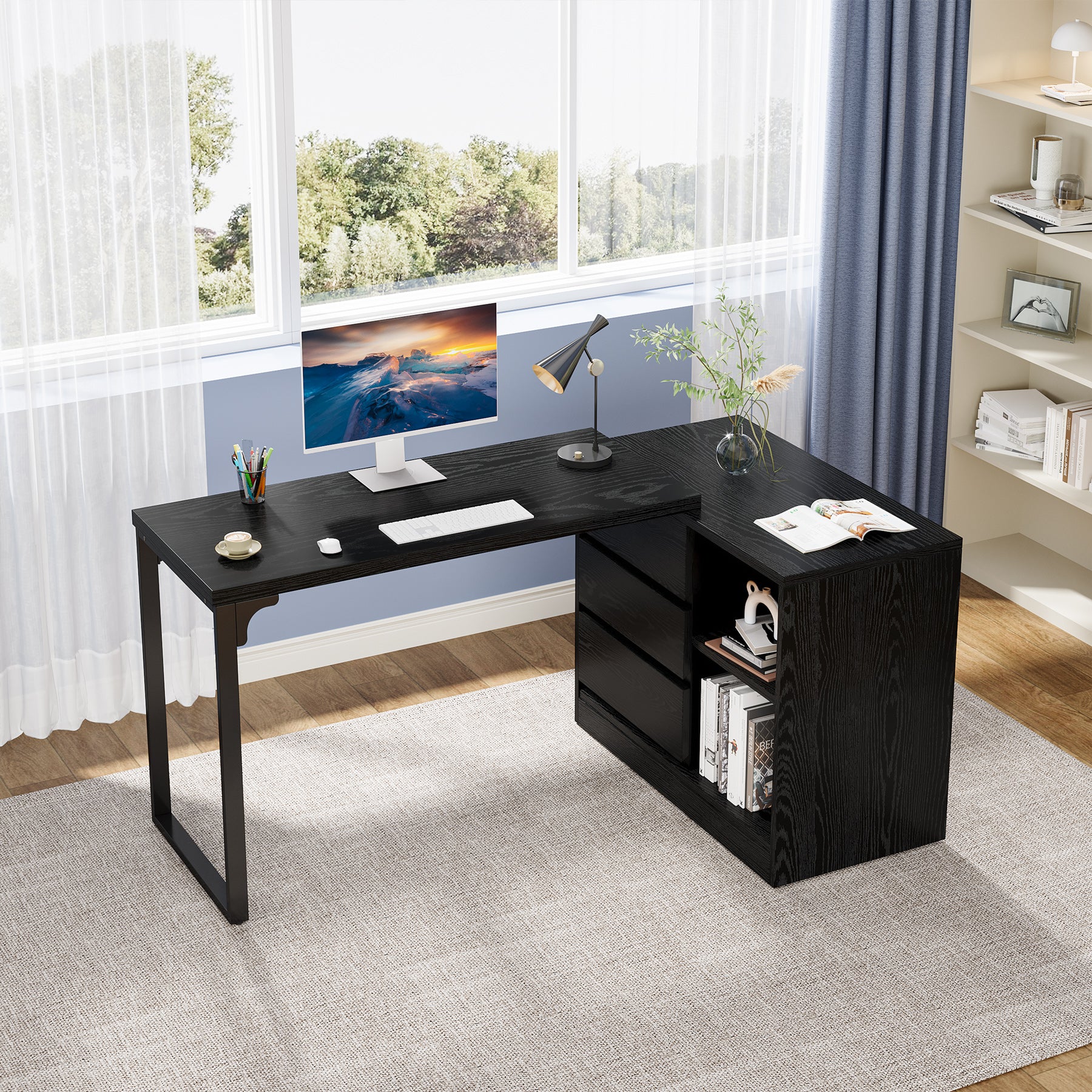 L-Shaped Computer Desk, Reversible Corner Desk With Drawer Cabinet