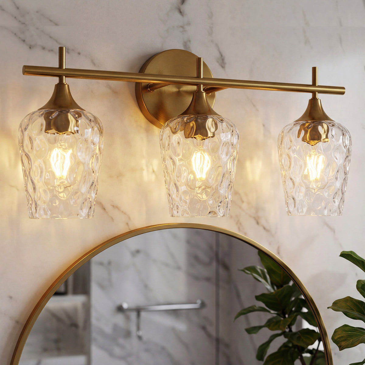 3-Light Gold Bathroom Vanity Light, Textured Glass Wall Sconce