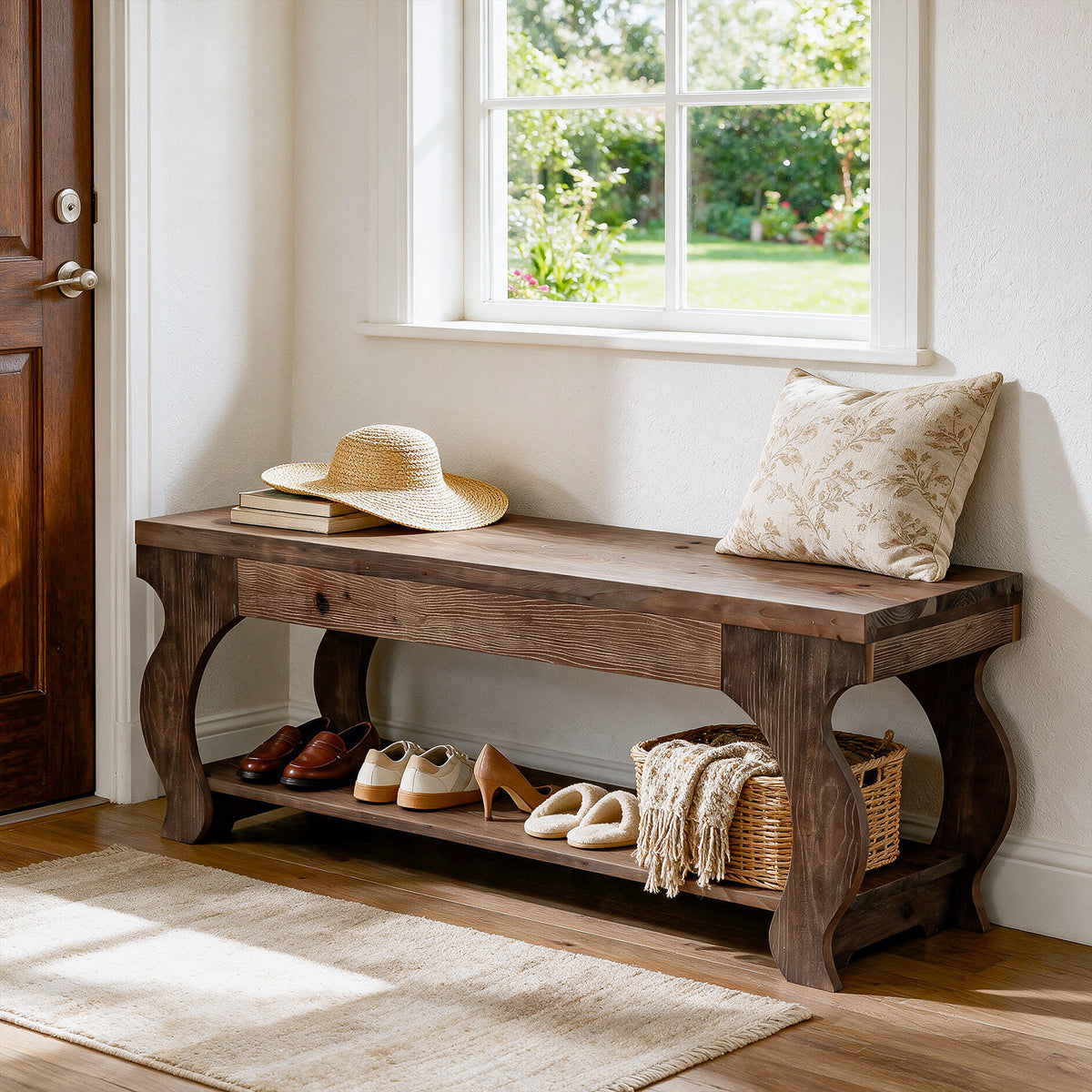140cm Entryway Bench, Solid Wood 2-Tier Farmhouse Storage Shelf