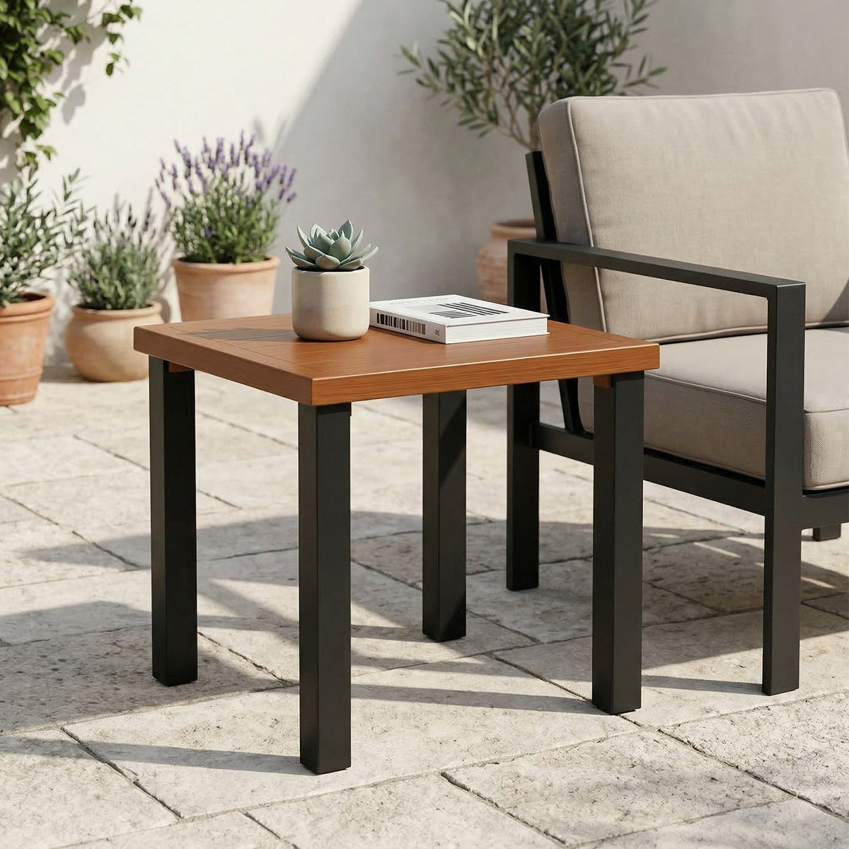 45cm Square Outdoor Side Table, Weather Resistant Patio End Table with Metal Legs