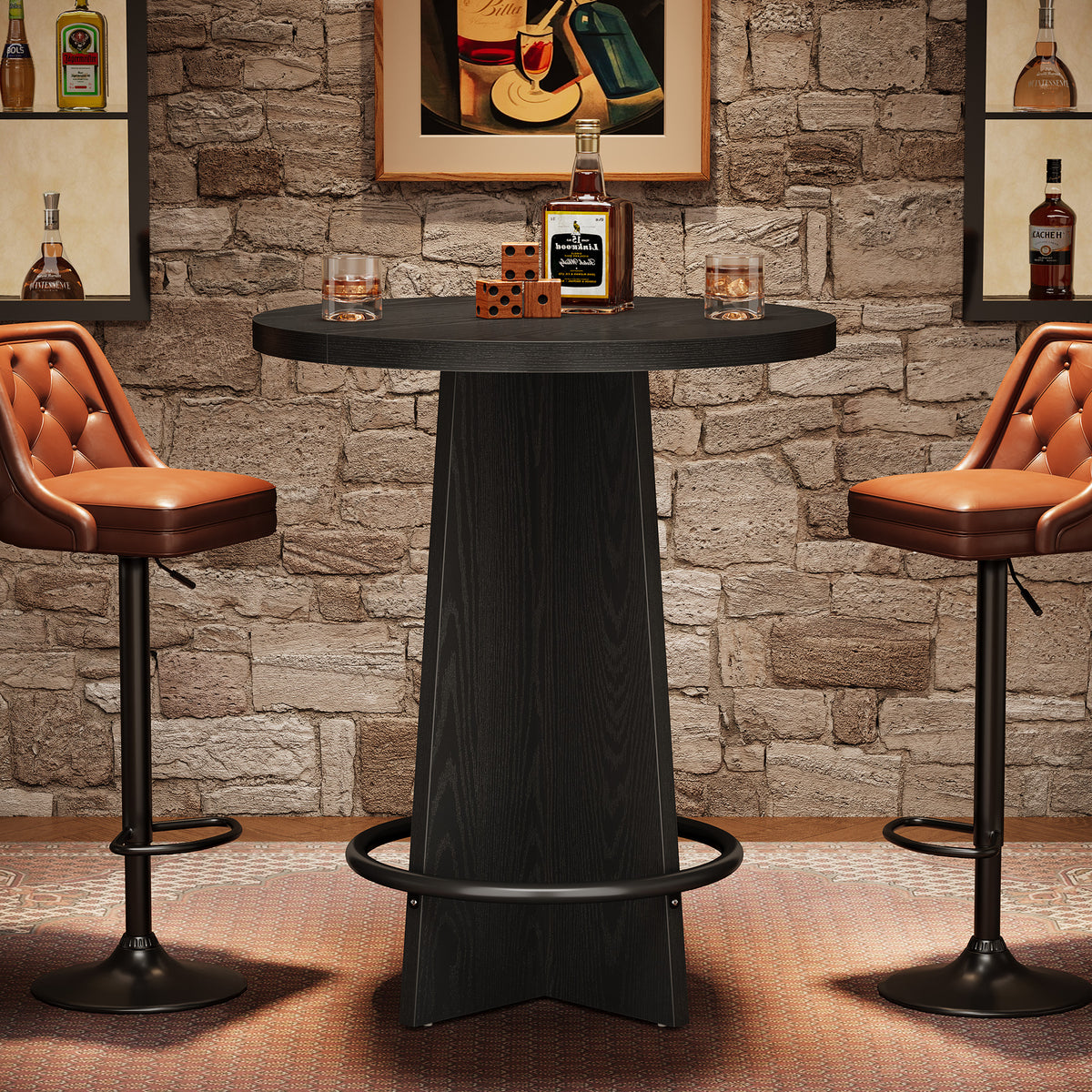 95cm Round Bar Table, Wooden Bistro Pub Table with Footrest