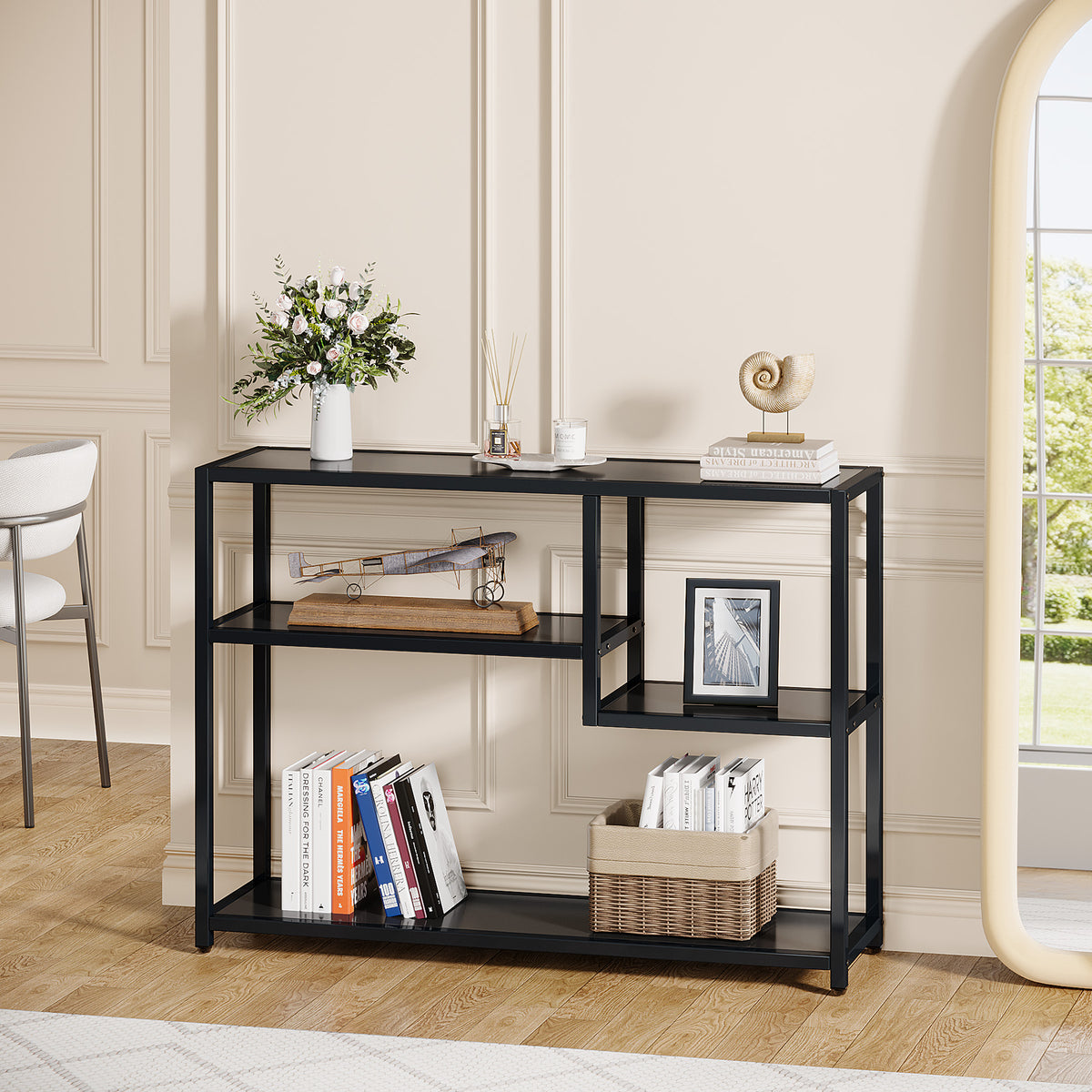 110cm Console Table, 4-Tier Black Entryway Storage Shelf with Metal Frame