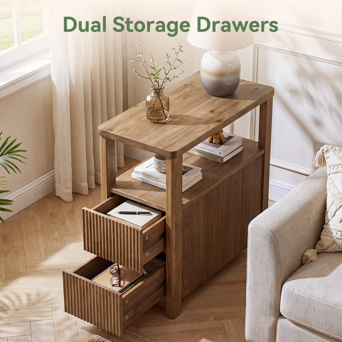60cm End Table, Solid Wood 2-Drawer Narrow Nightstand for Living Room Bedroom