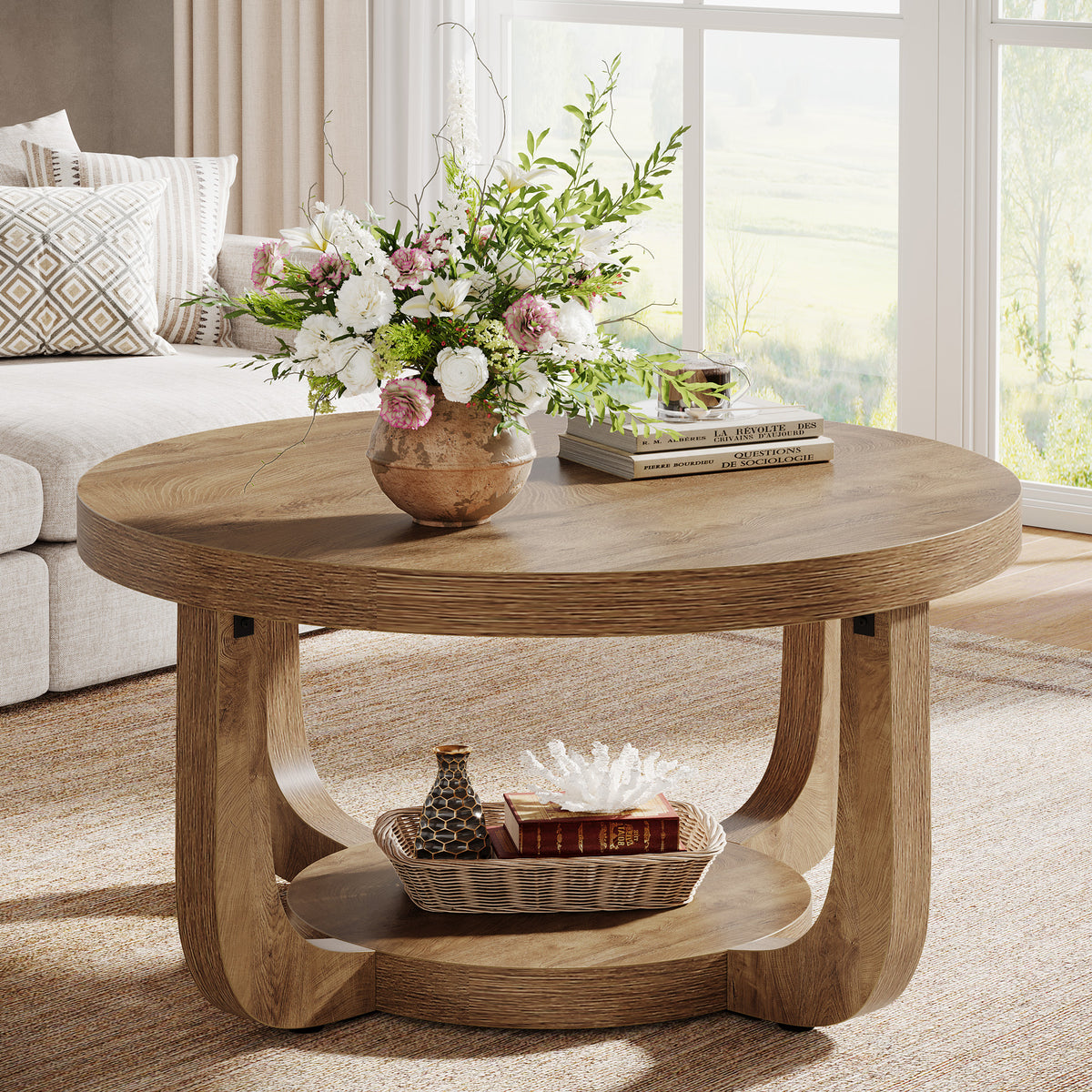 80cm Round Coffee Table, 2-Tier Storage Coffee Table for Living Room & Bedroom