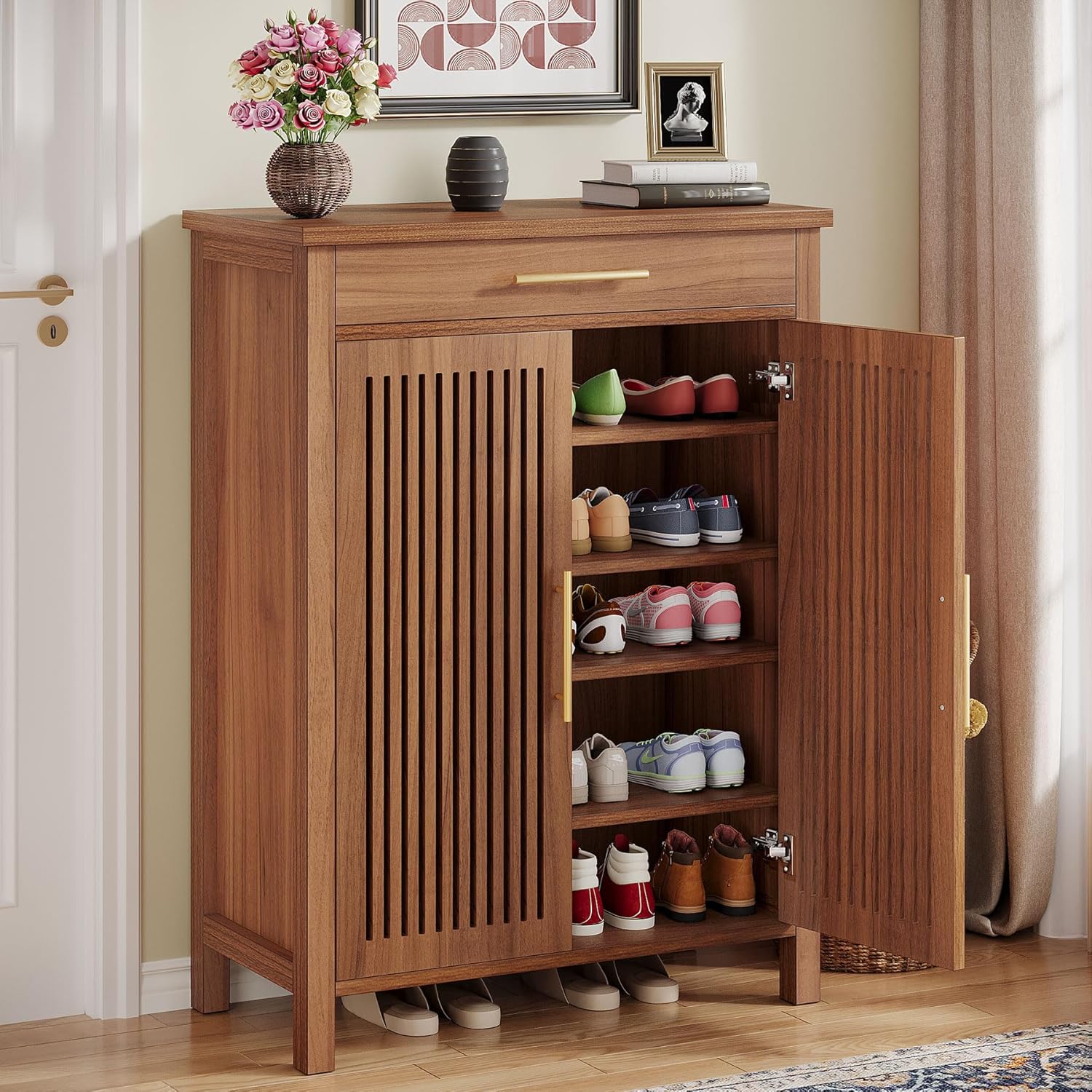 55" 5-Tier Shoe Cabinet, Louvered Door Storage Organizer with Drawer Shelves