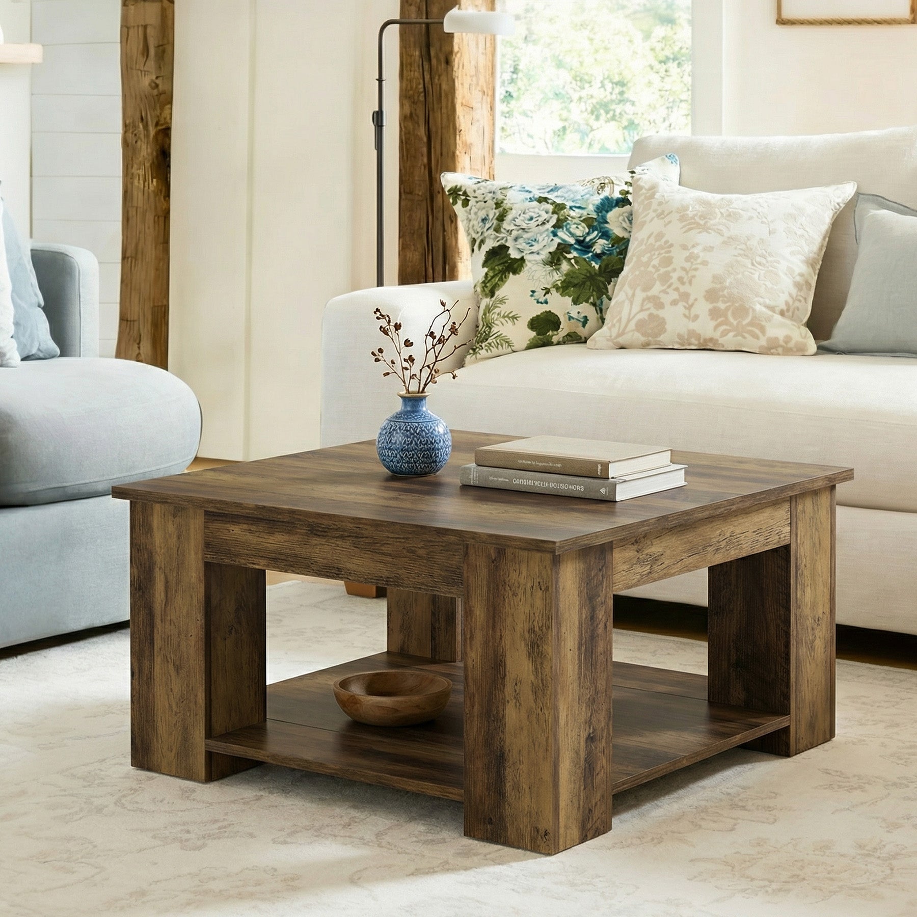 80cm Square Coffee Table, 2-Tier Center Table Cocktail Tea Furniture for Living Room