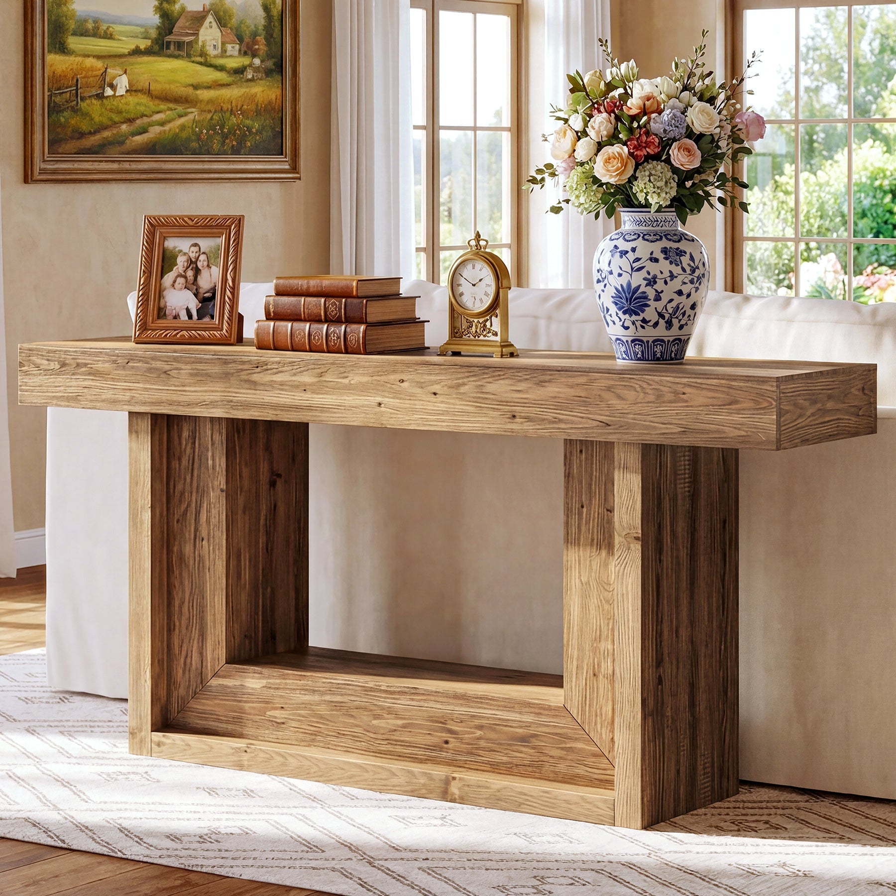 160cm Solid Wood Console Table with U-Shaped Base, Farmhouse Narrow Entryway Table with Open Storage Shelf