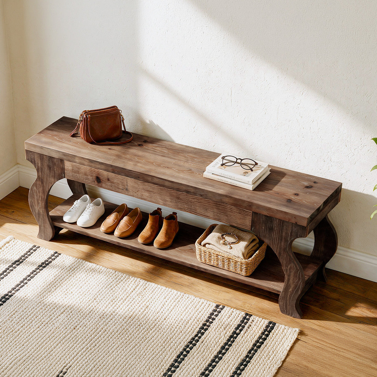 140cm Entryway Bench, Solid Wood 2-Tier Farmhouse Storage Shelf