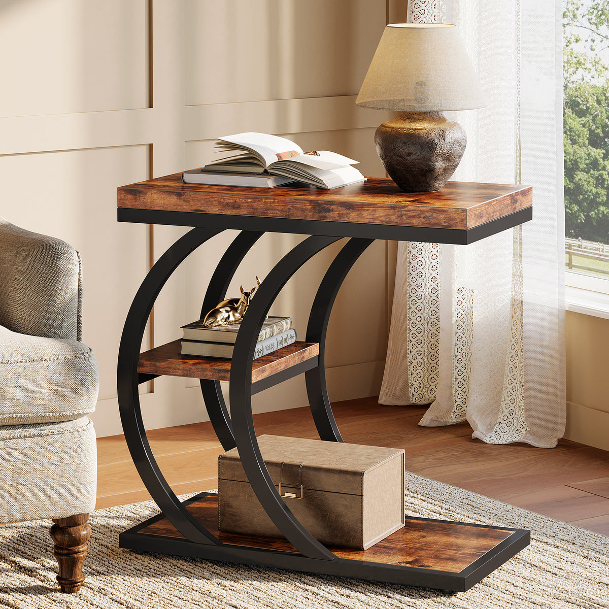 60cm End Table, 3-Tier Couch C-Shaped Side Table with Storage