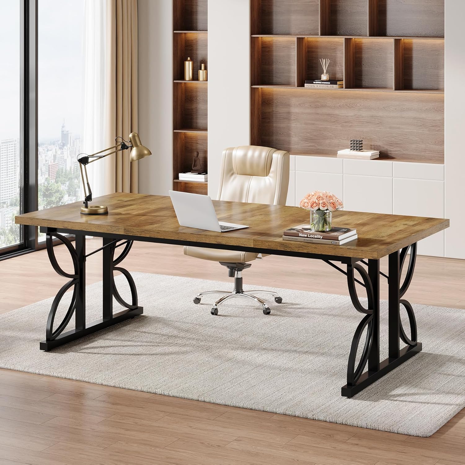 70.8" Industrial Computer Desk, Rustic Brown & Black Metal Frame Workstation