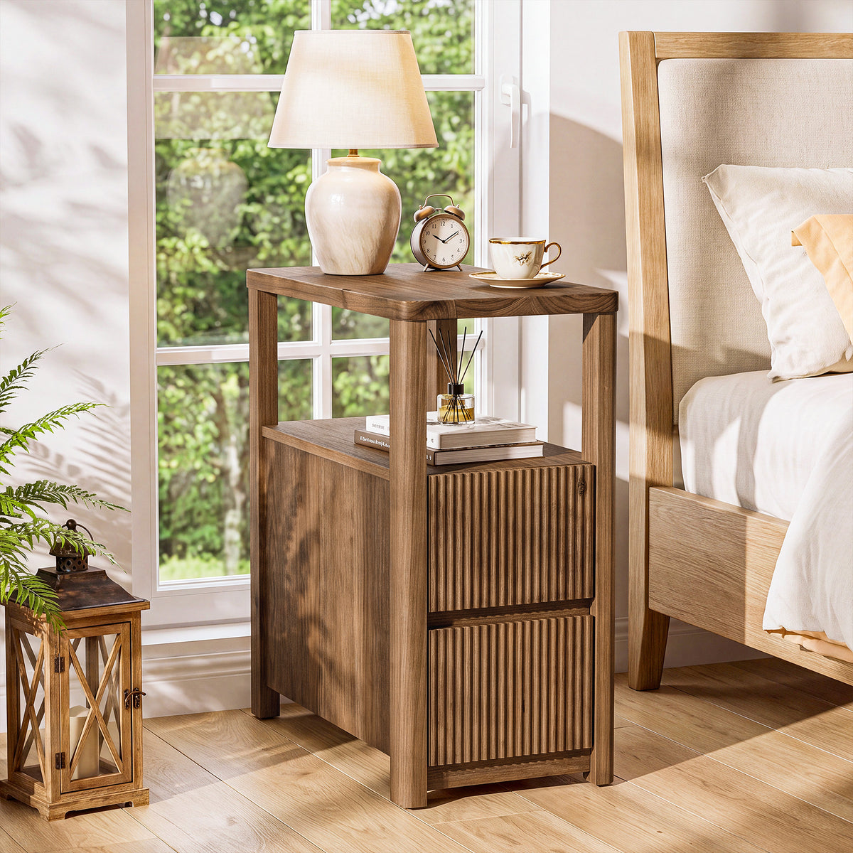 60cm End Table, Solid Wood 2-Drawer Narrow Nightstand for Living Room Bedroom