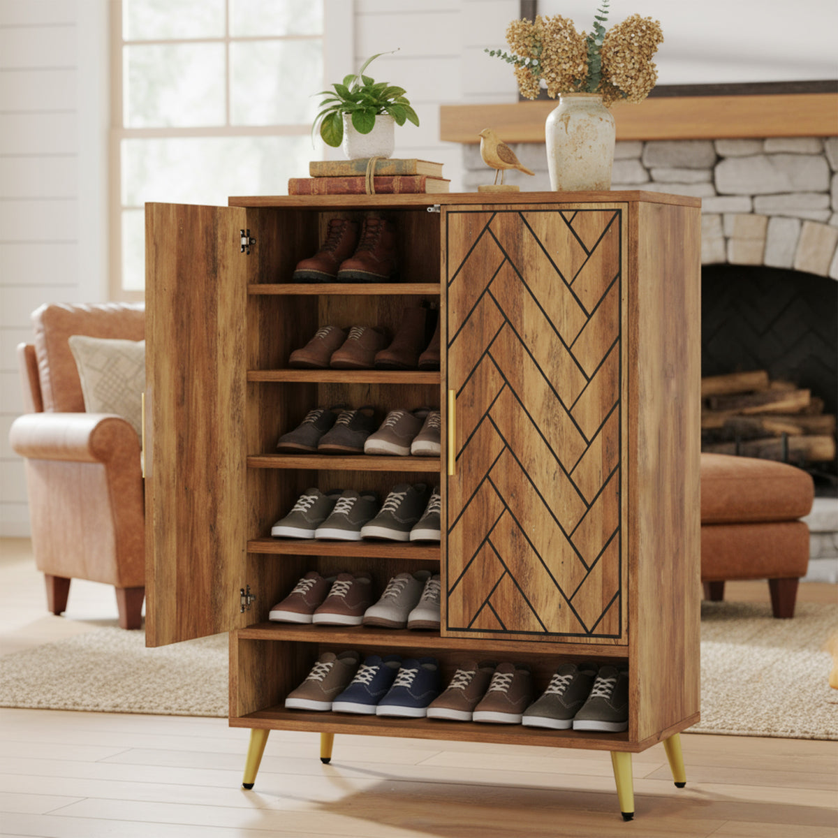 6-Tier Adjustable Shoe Cabinet, Wooden Shoe Organizer with Storage Shelves