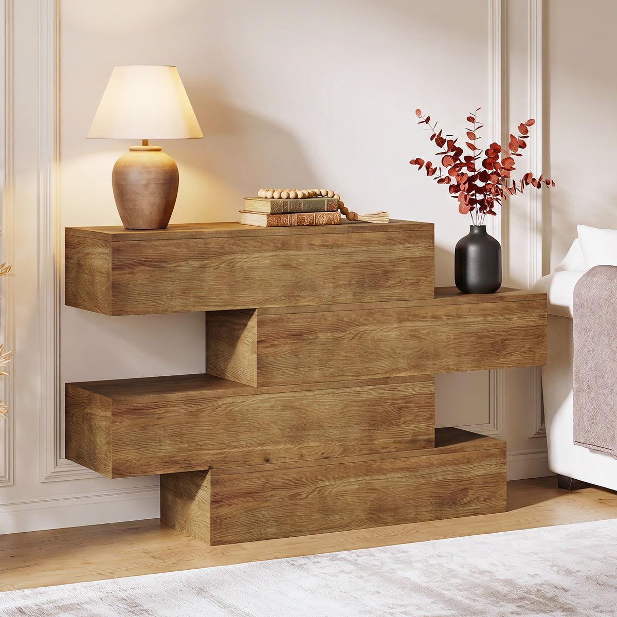 110cm Console Table, Asymmetrical Solid Wood Rustic Sofa Table for Living Room