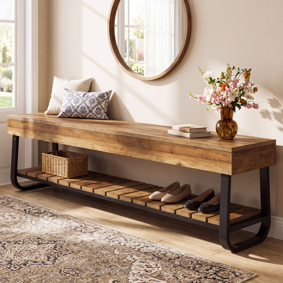 160cm Entryway Bench, Industrial Shoe Bench with Slatted Storage for 2-3