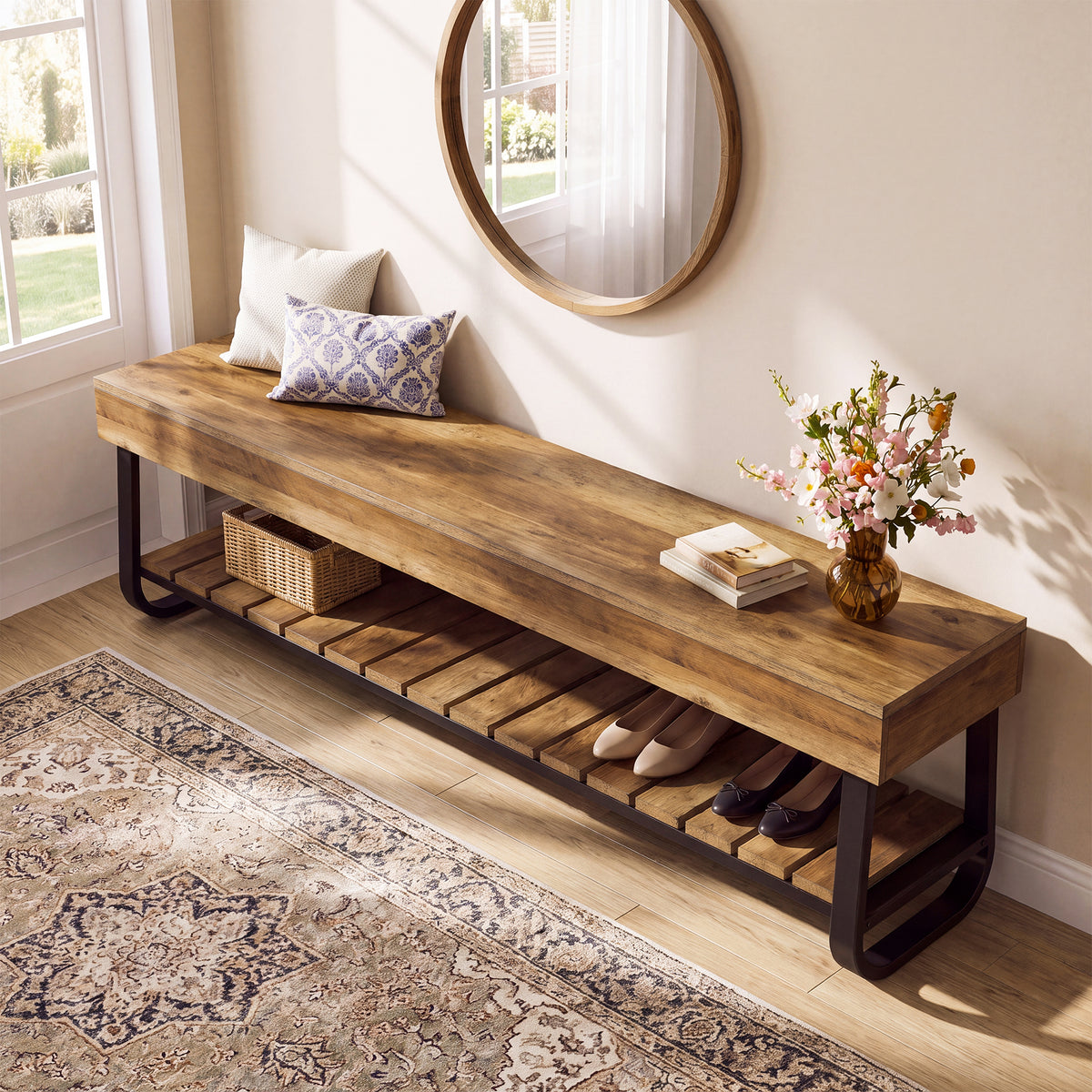 160cm Entryway Bench, Industrial Shoe Bench with Slatted Storage for 2-3