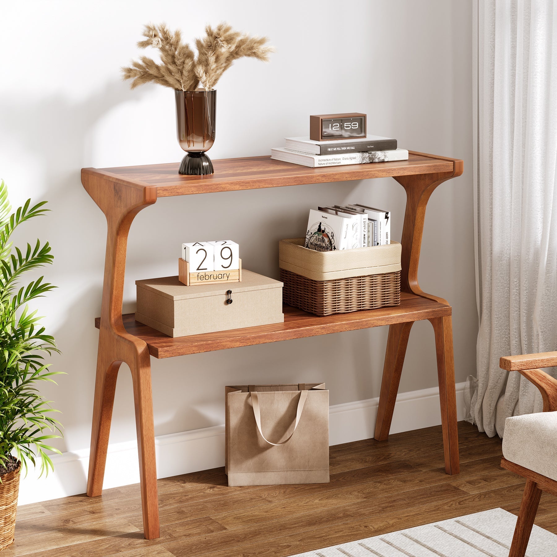 27.5" 2-Tier End Table, Slim Sofa Side Table with Storage Shelf