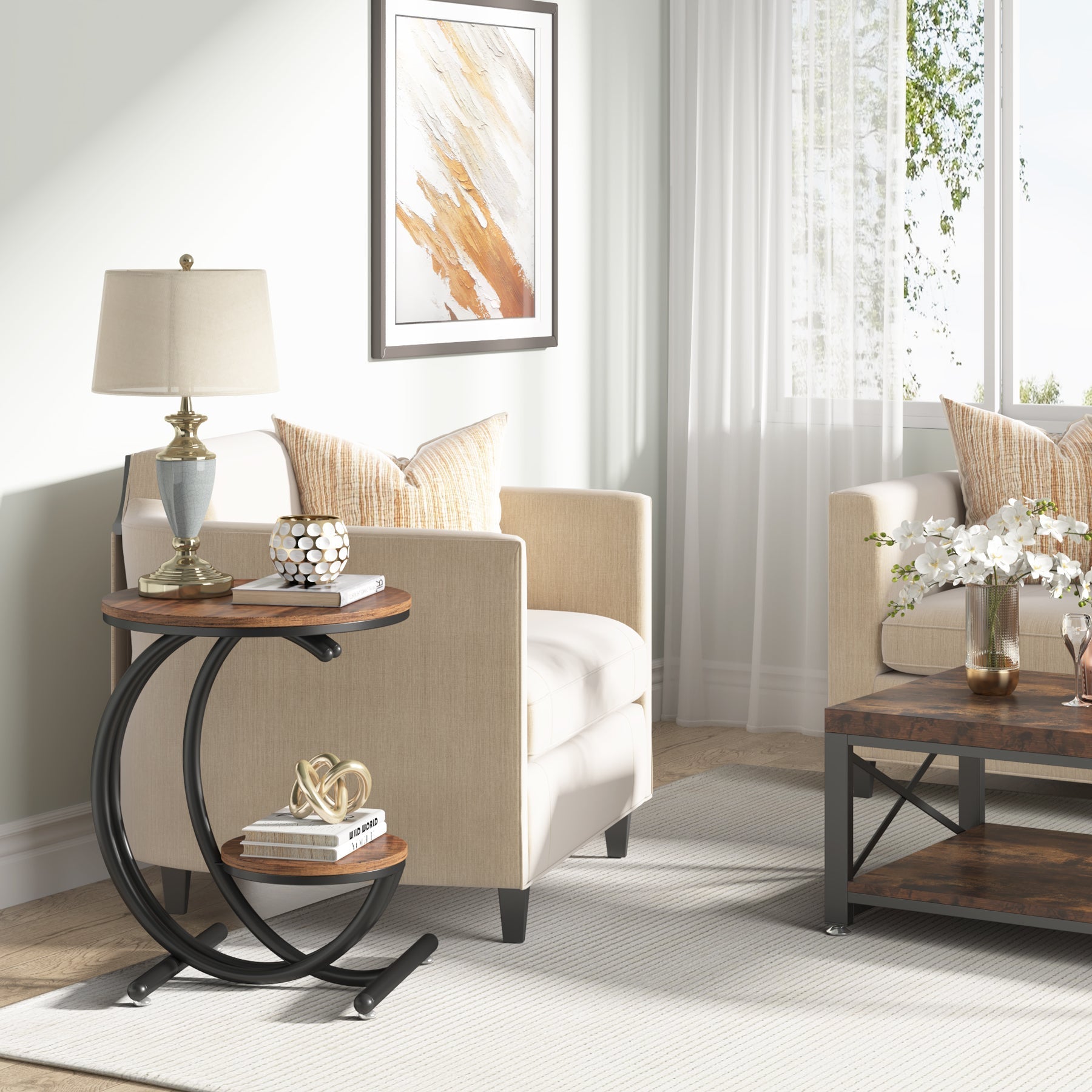2 - Tier End Table, Small Accent Side Table with C - Shaped Frame Tribesigns
