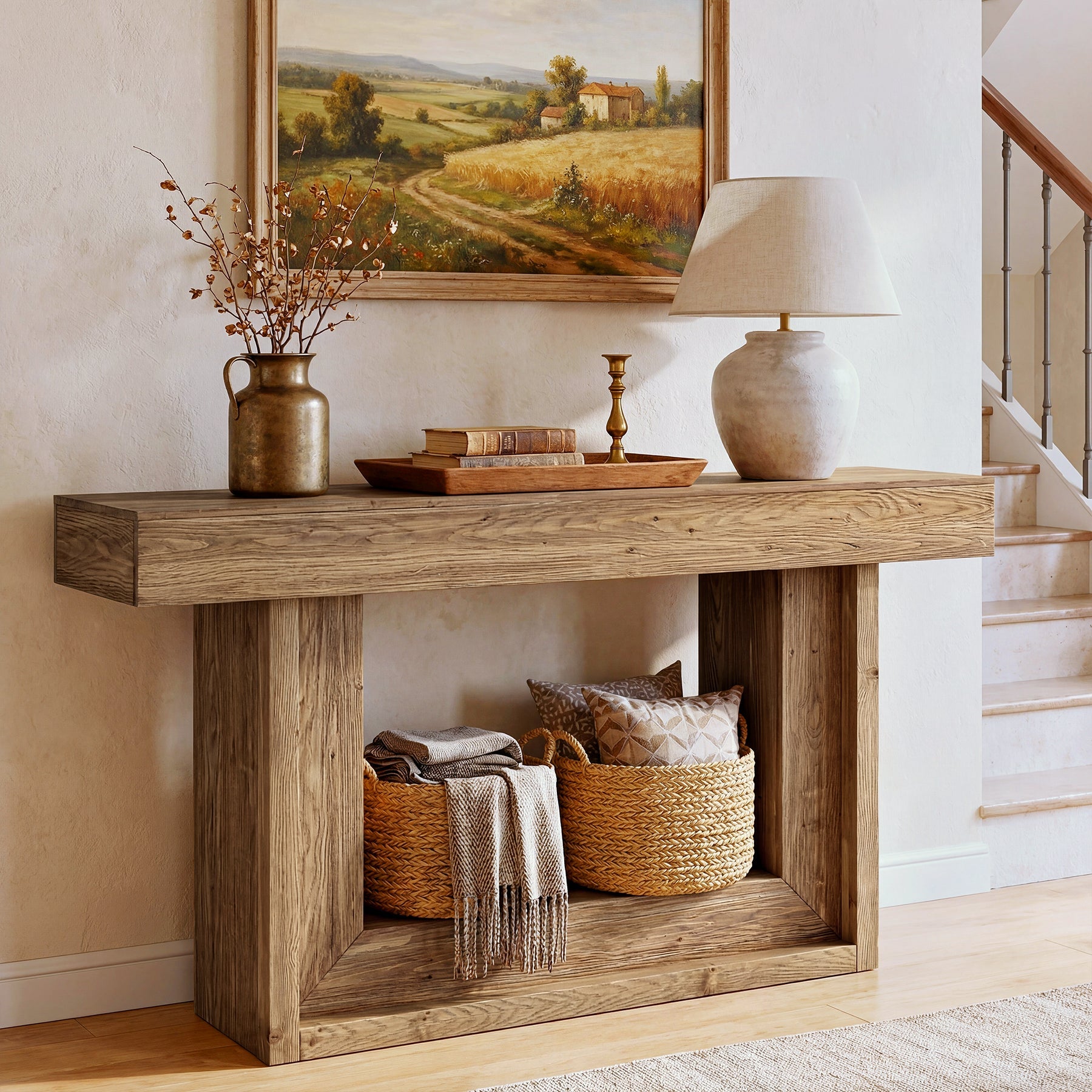 160cm Solid Wood Console Table with U-Shaped Base, Farmhouse Narrow Entryway Table with Open Storage Shelf