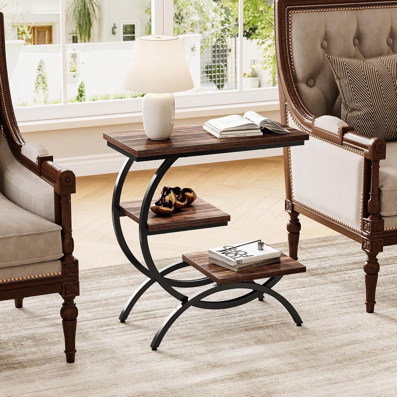 23.62" Industrial Brown Oak Side Table, Black Metal C-Frame & 3 Shelves