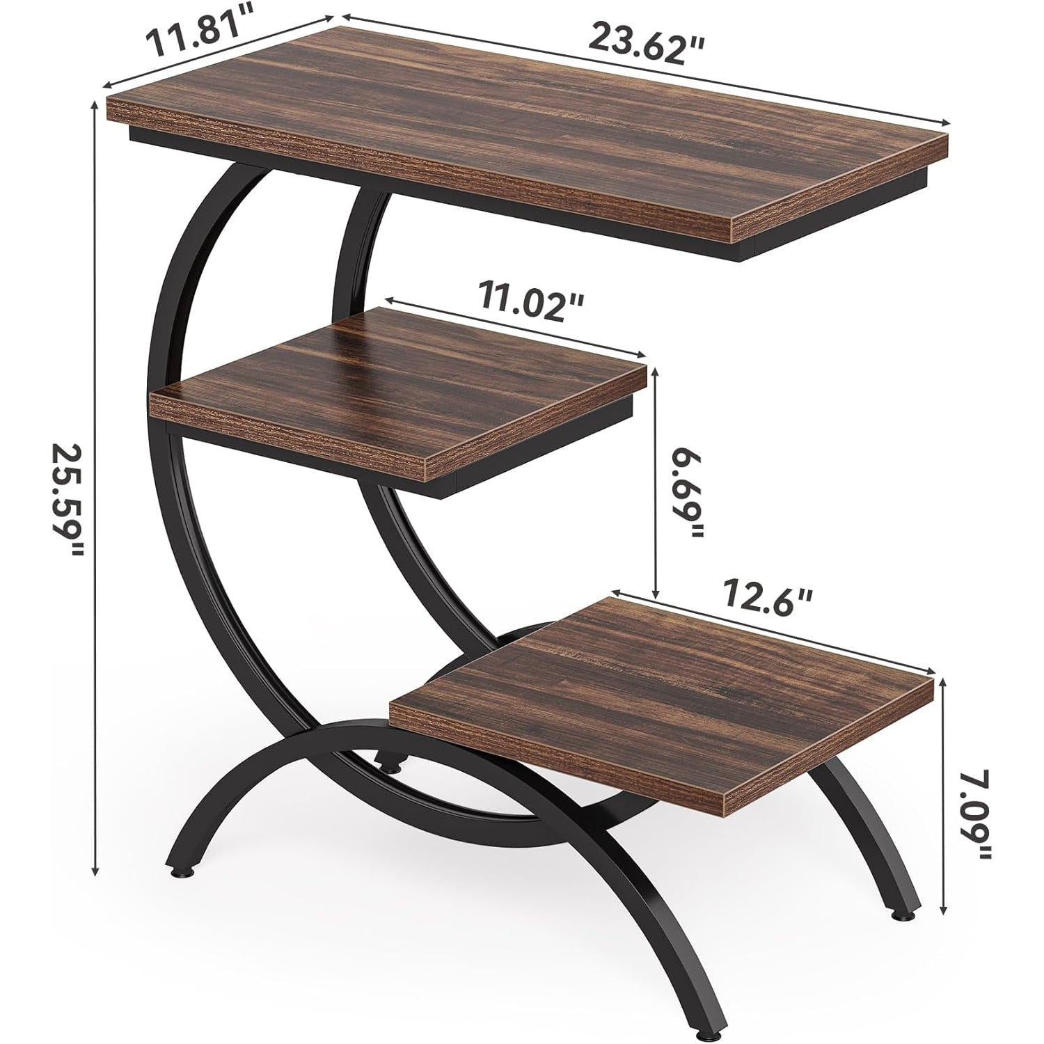 23.62" Industrial Brown Oak Side Table, Black Metal C-Frame & 3 Shelves