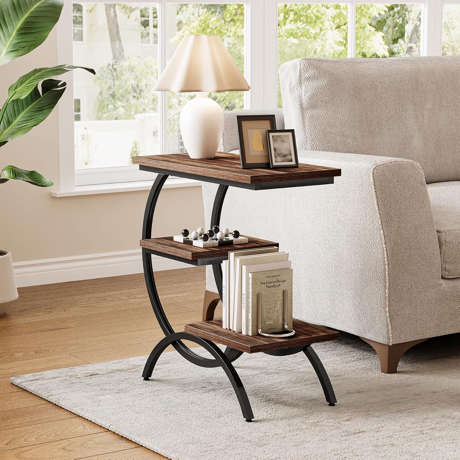 23.62" Industrial Brown Oak Side Table, Black Metal C-Frame & 3 Shelves