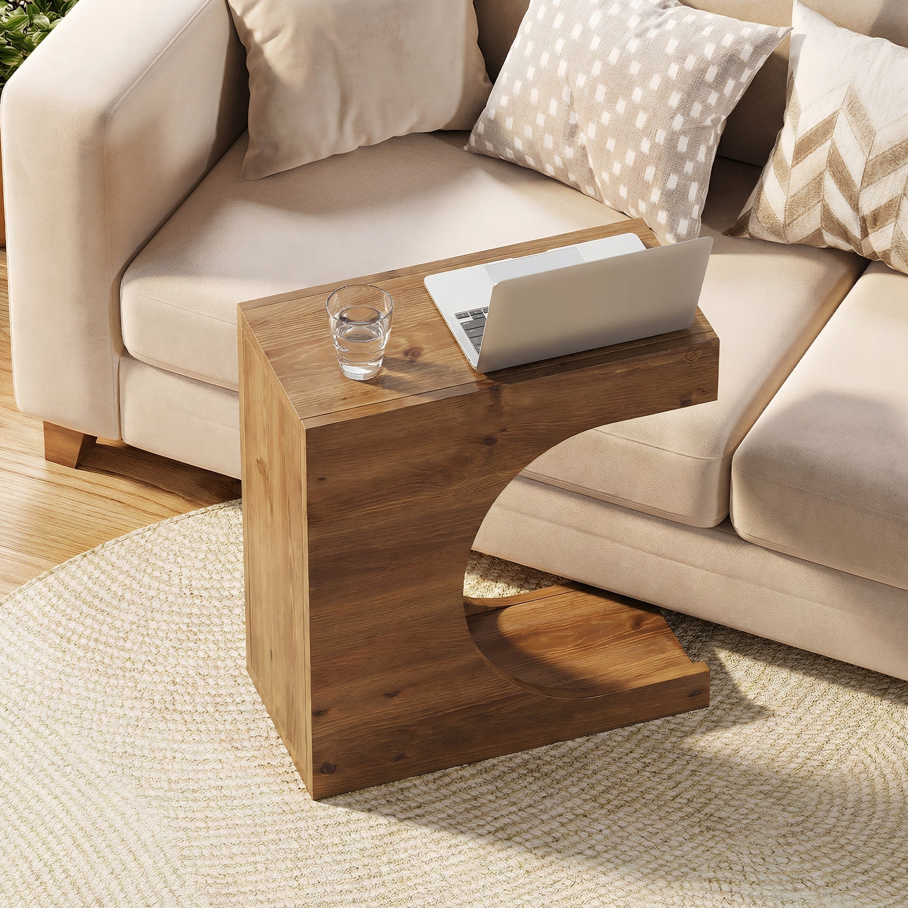 23.6" C-Shaped End Table, Modern Solid Wood Side Table Nightstand with 2-Tier Storage