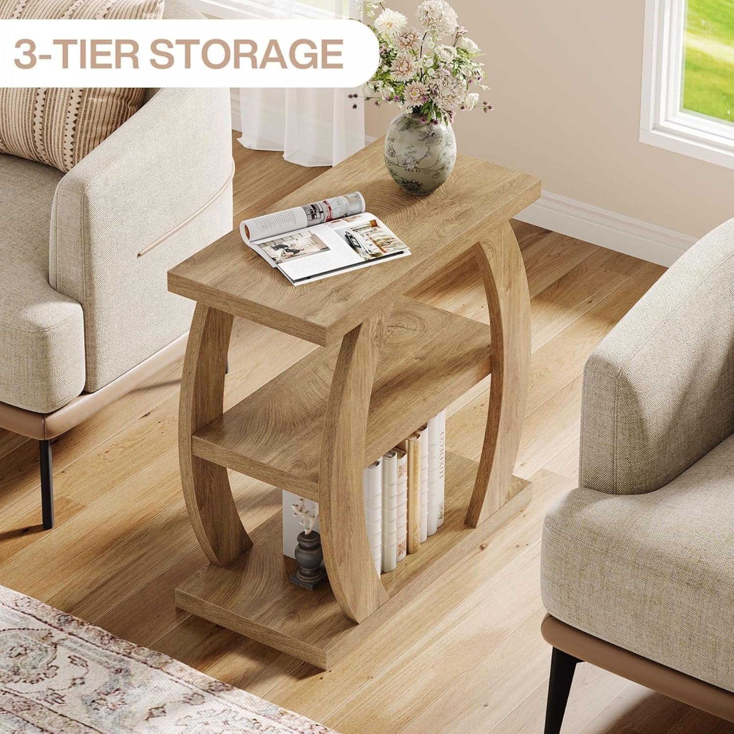 23.6" End Table, 3-Tier Farmhouse Side Table with Geometric Frame