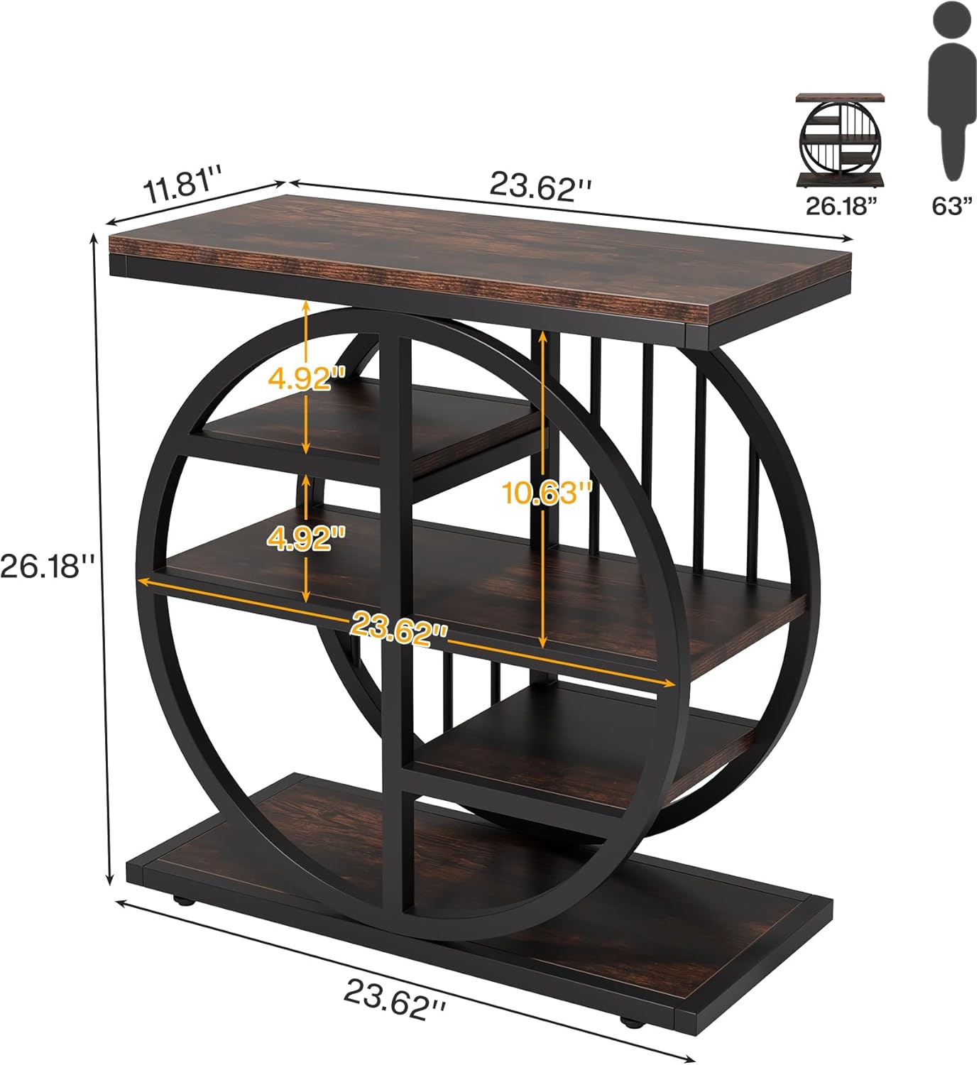 24" Industrial End Table, 5-Tier Narrow Side Table with Metal Frame