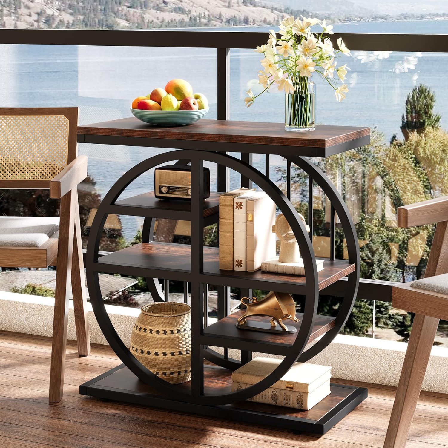 24" Industrial End Table, 5-Tier Narrow Side Table with Metal Frame