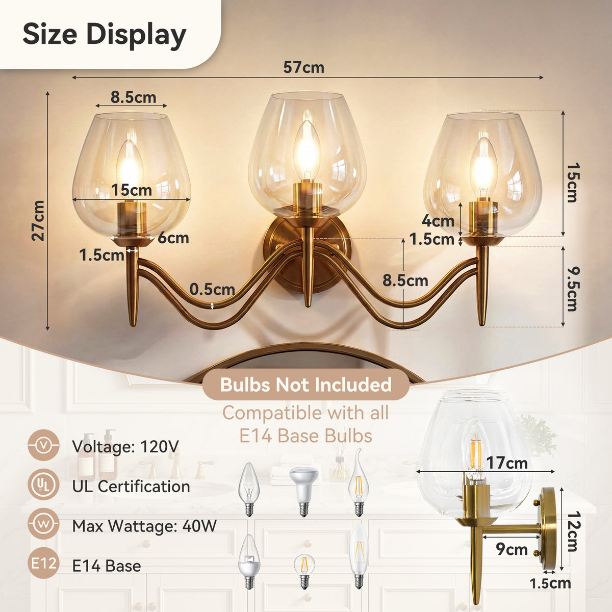3-Light 22.8" Gold Bathroom Vanity Light, Clear Glass Wall Sconce