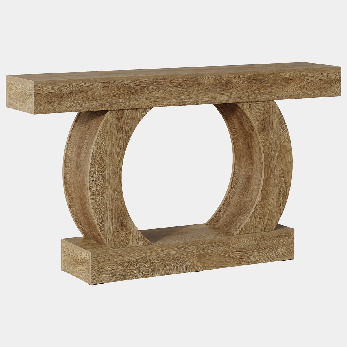 Rustic console table, 150 x 30 x 85 cm, with an open, round base,narrow two-tier hall table for hallways and living rooms