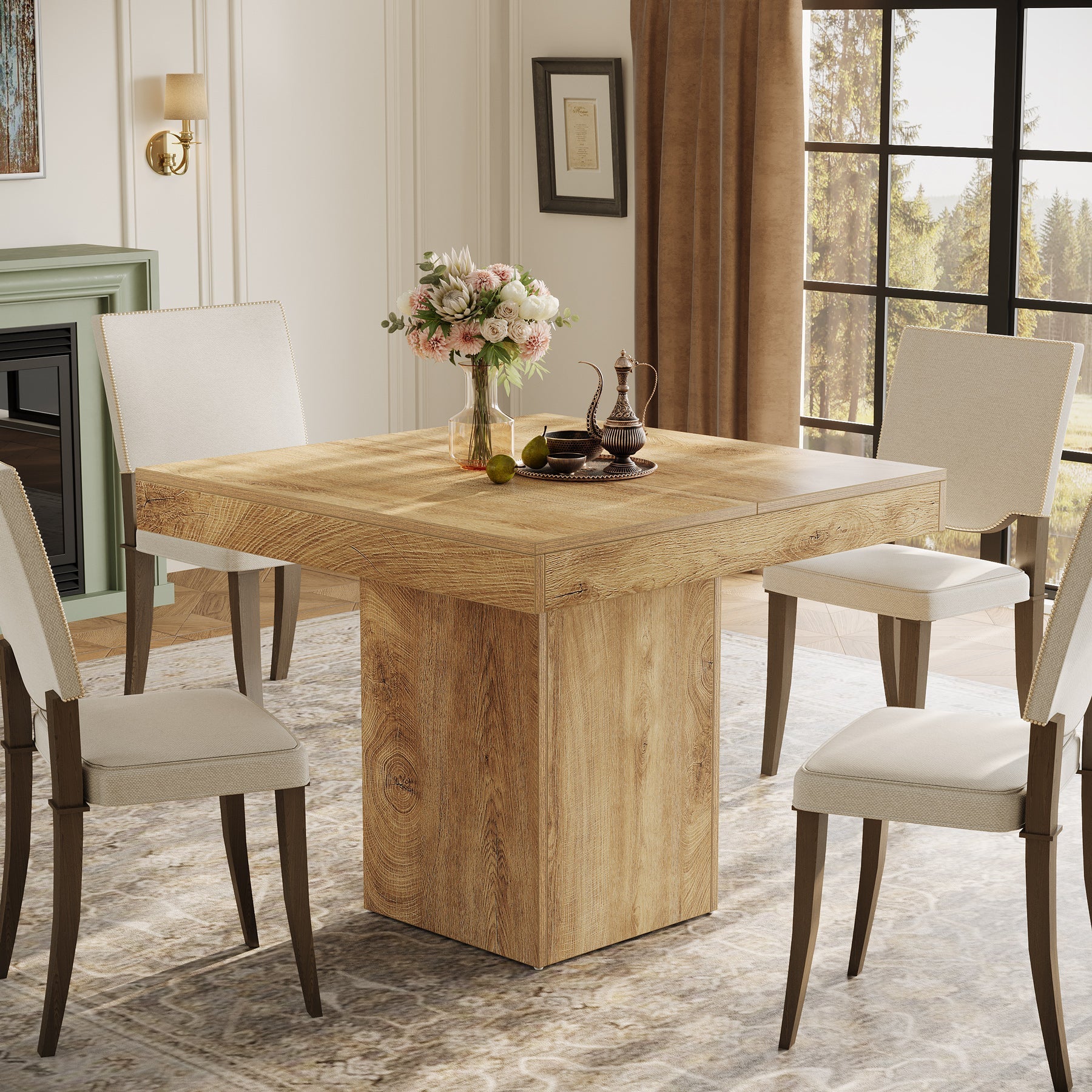 39" Square Farmhouse Dining Table, Solid Wood Kitchen Table with Pedestal Base for 4