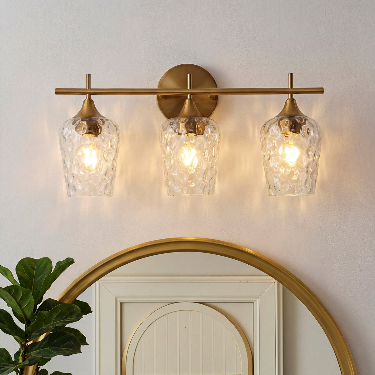 3-Light Gold Bathroom Vanity Light, Textured Glass Wall Sconce